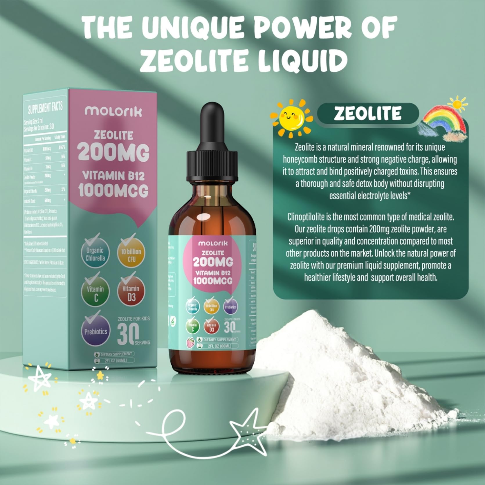 Molorik Pure Zeolita Drops con probióticos y prebióticos para la salud digestiva.