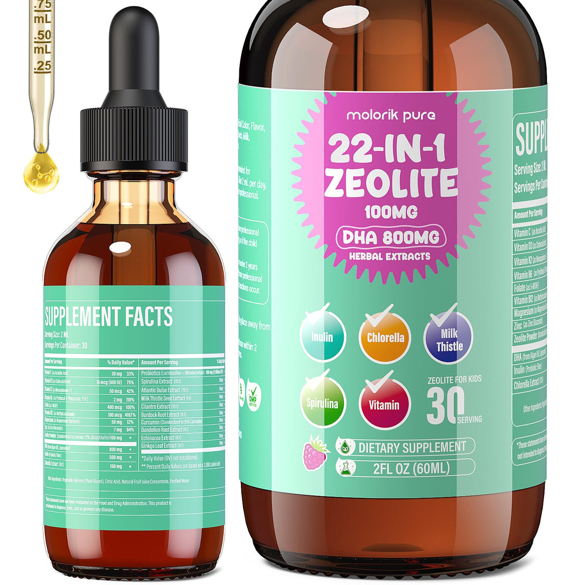 Molorik Pure Zeolita Detox, frasco con sabor frambuesa, ideal para uso diario.