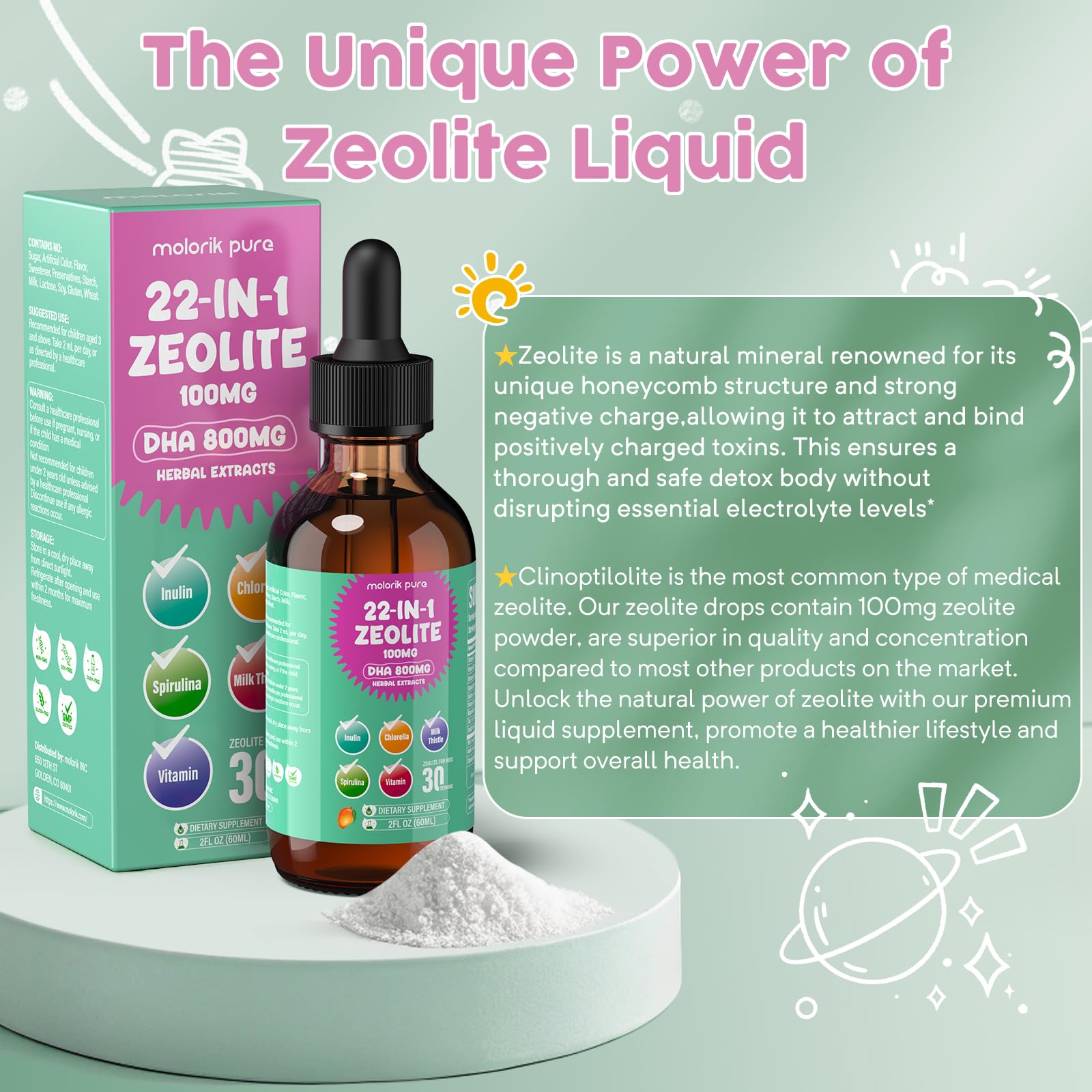 Molorik Pure Zeolita Detox, etiqueta del producto con ingredientes naturales.