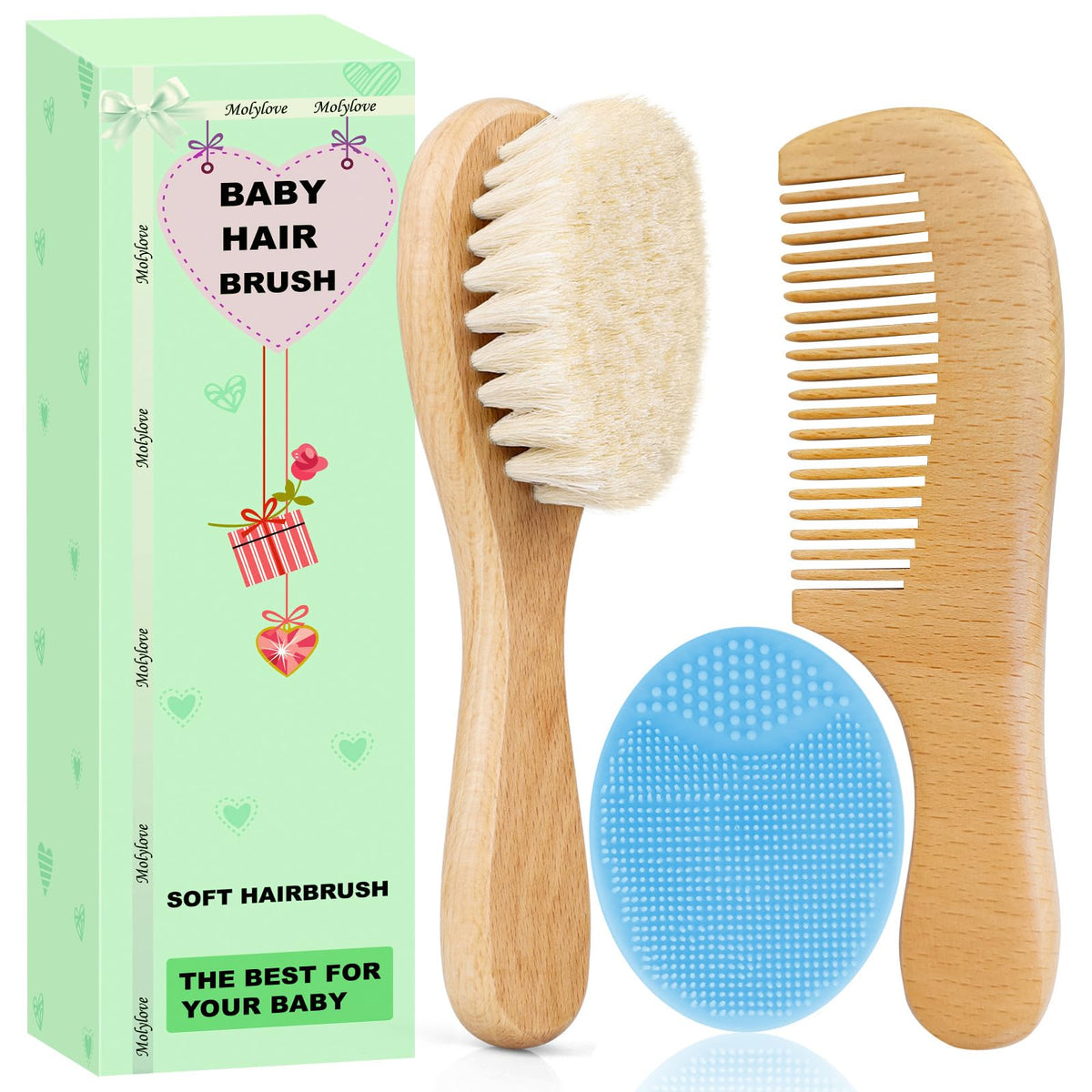Molylove cepillo para bebé con cerdas de cabra suaves para masaje relajante del cuero cabelludo