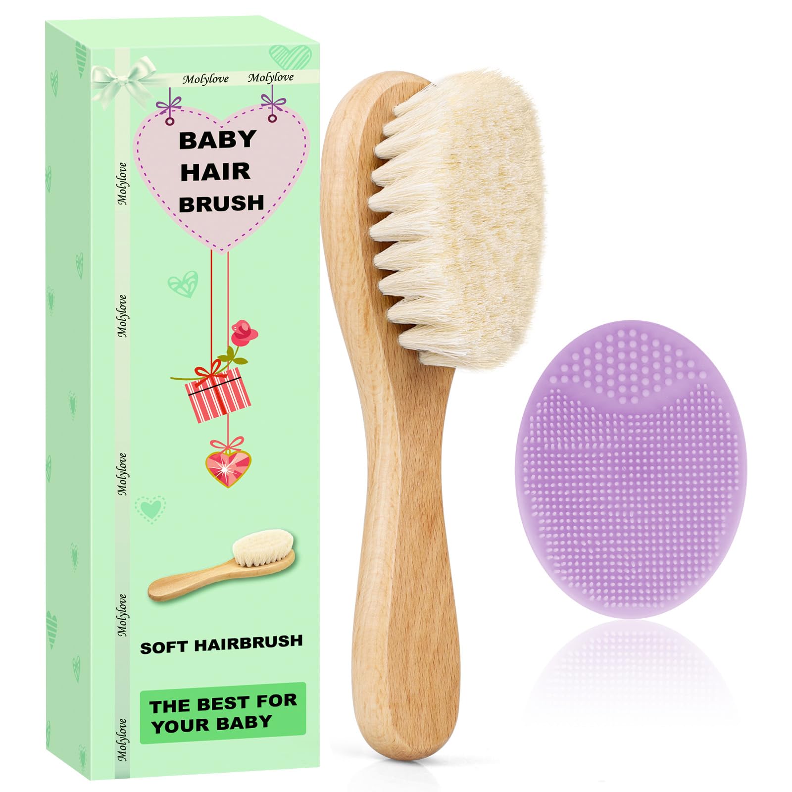 Molylove cepillo-pelo-bebe, cerdas naturales suaves para el cuero cabelludo.