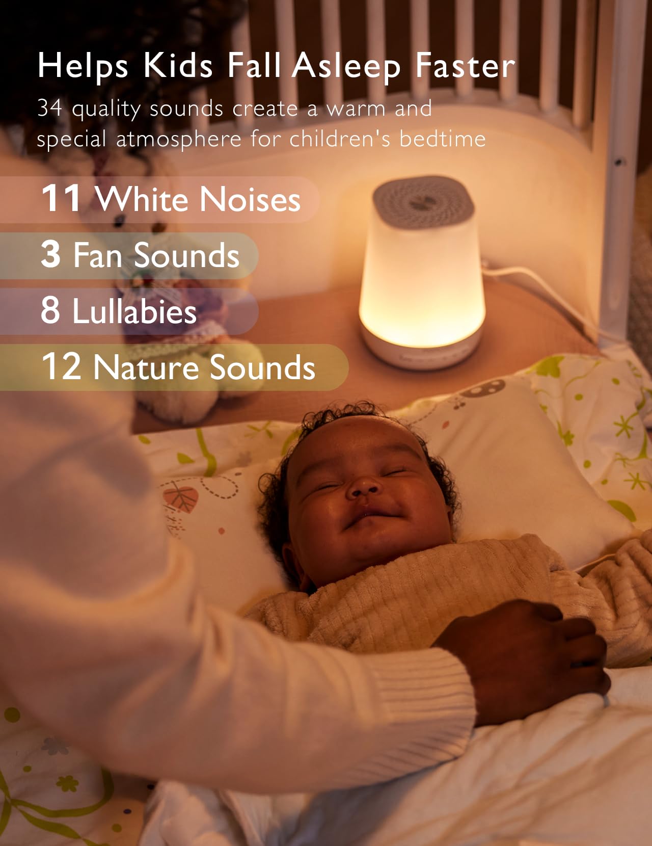 Momcozy 34 sonidos ofrece opciones para ruido blanco, nanas y naturaleza