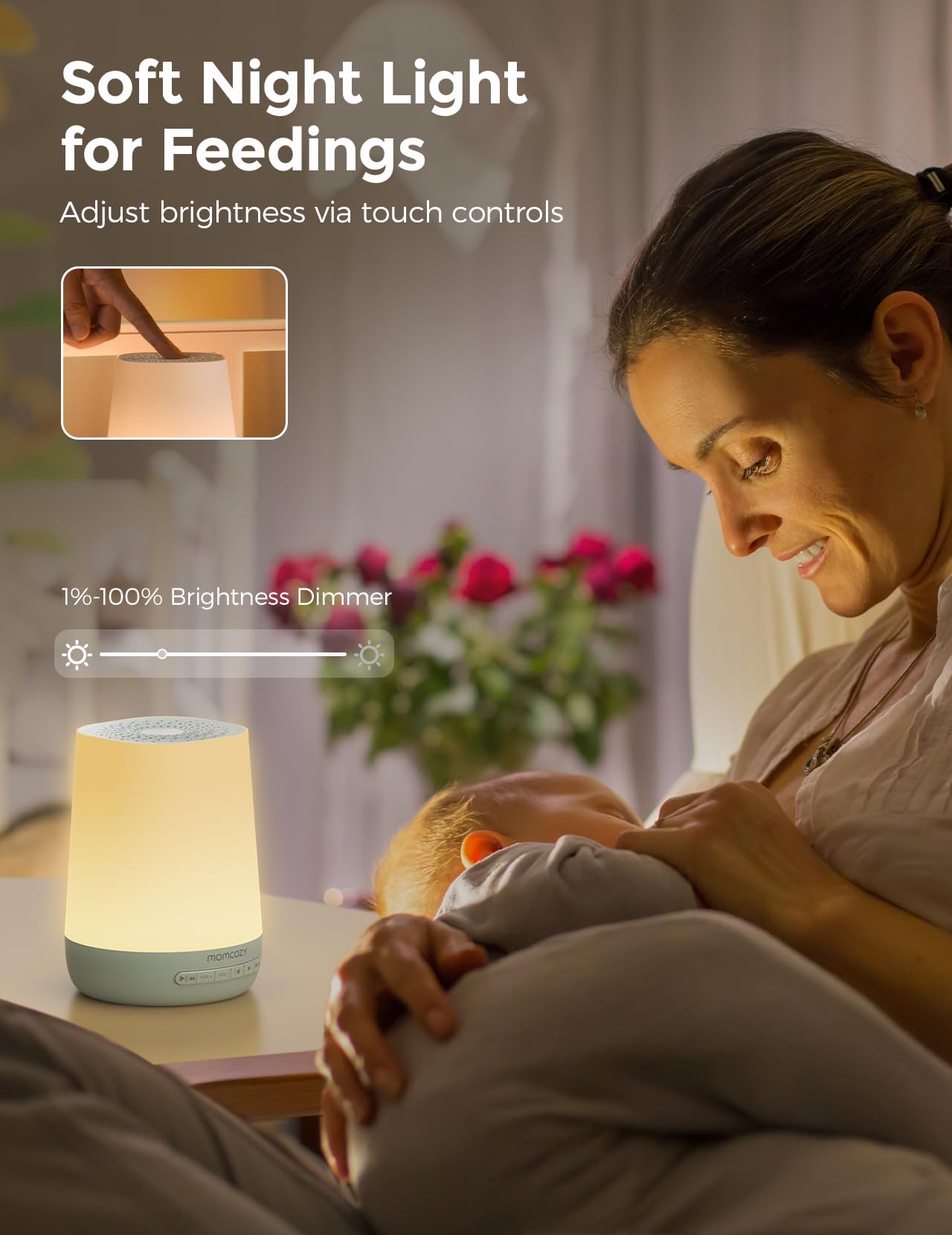 Momcozy: ajuste de color, brillo y volumen para la rutina de sueño.
