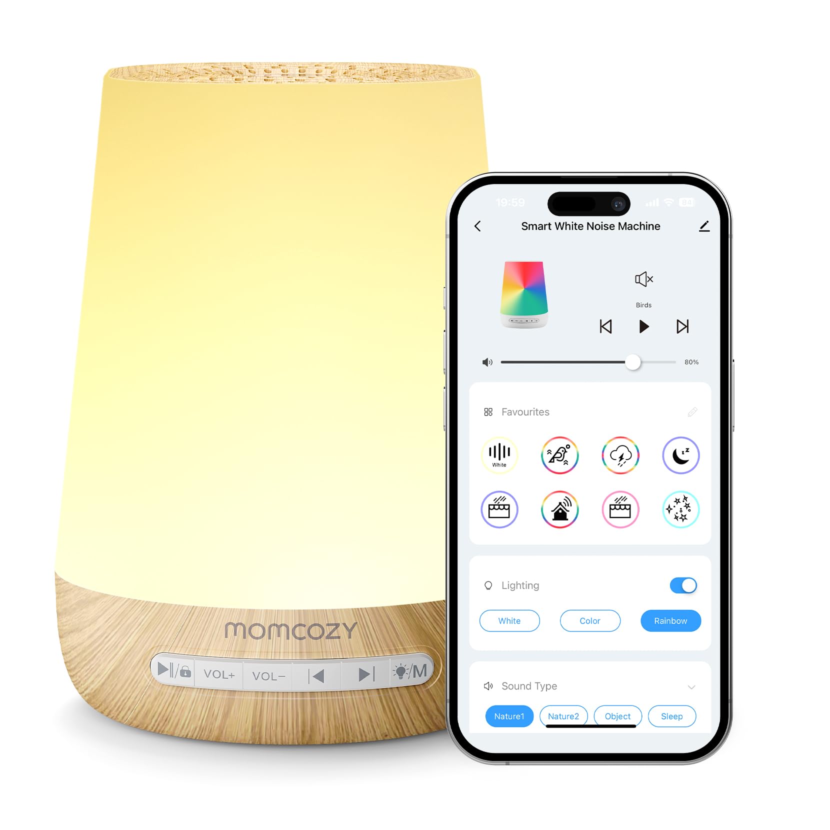 Momcozy sonido para bebé con efecto madera, crea ambiente calmante para dormir
