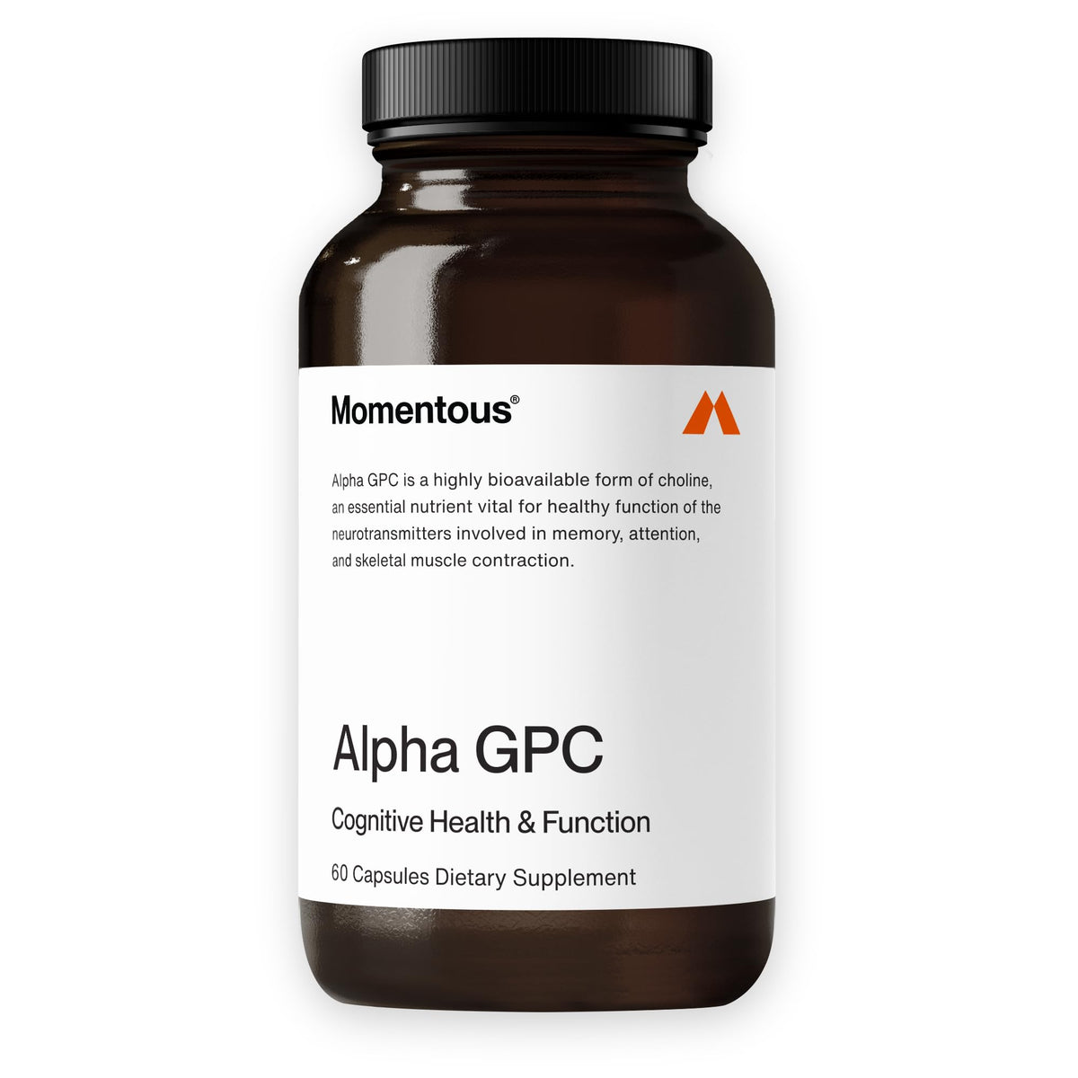 Momentous Alpha GPC: botella con etiqueta clara para soporte cognitivo.