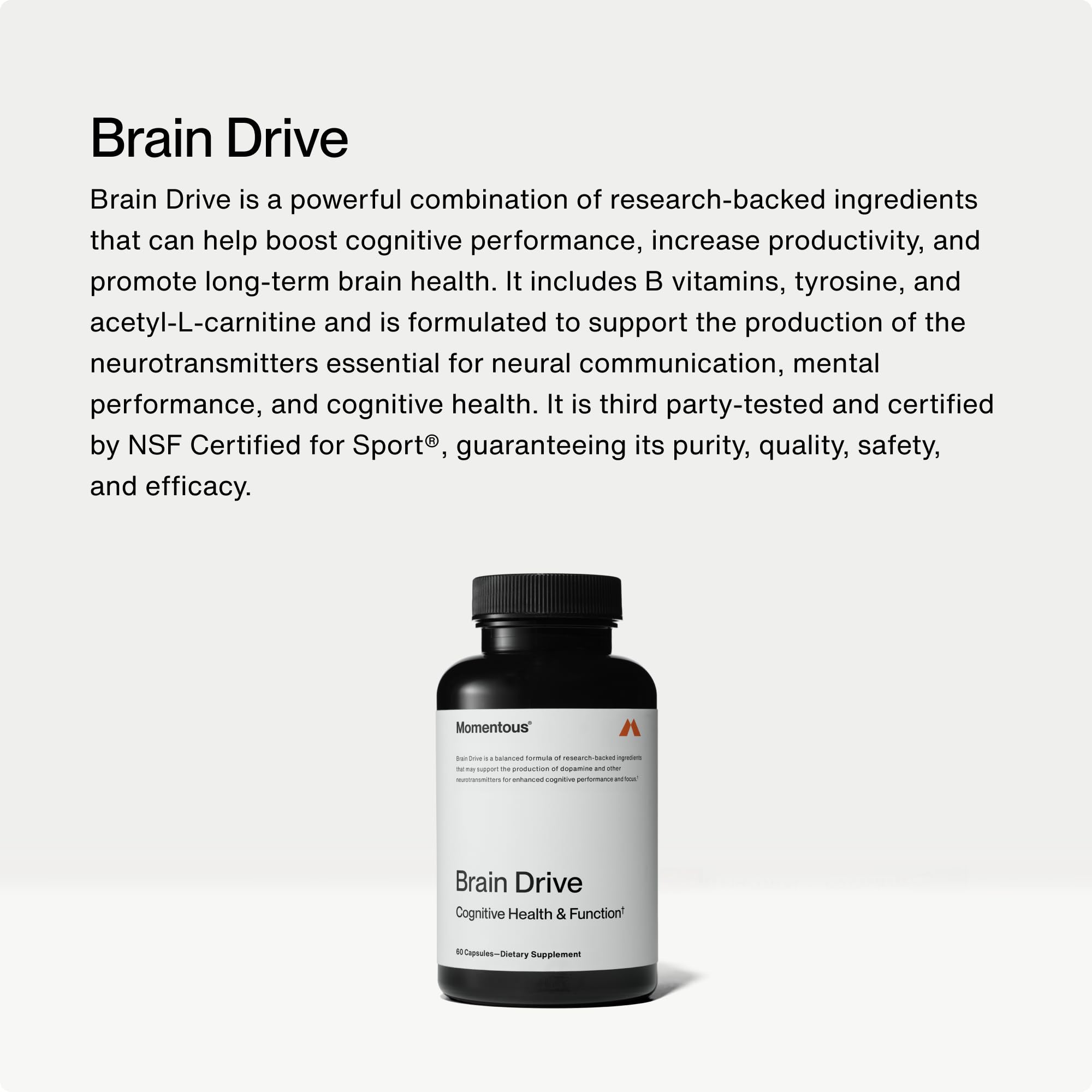 Momentous Brain Drive, etiqueta frontal, información clara de ingredientes clave.