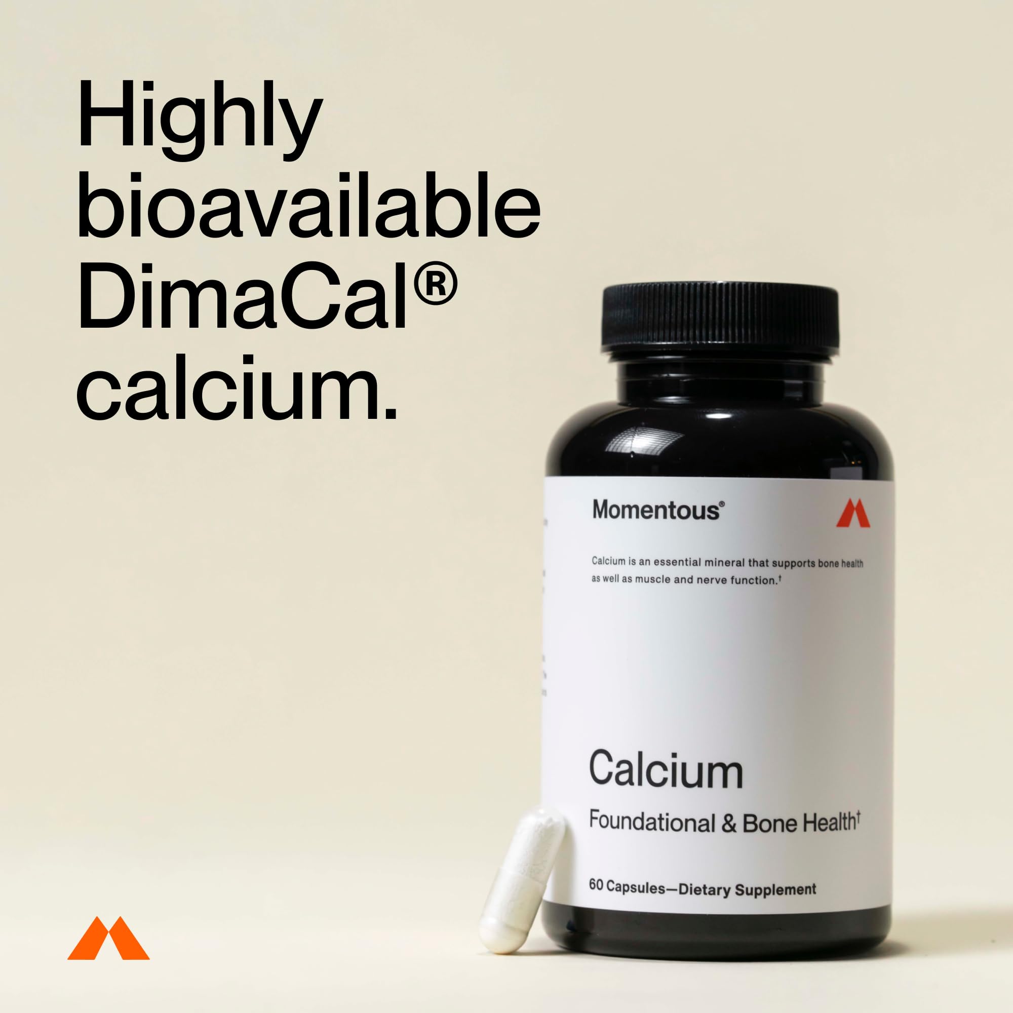 Momentous Calcium Dimacal etiqueta, información clara sobre contenido y pureza.