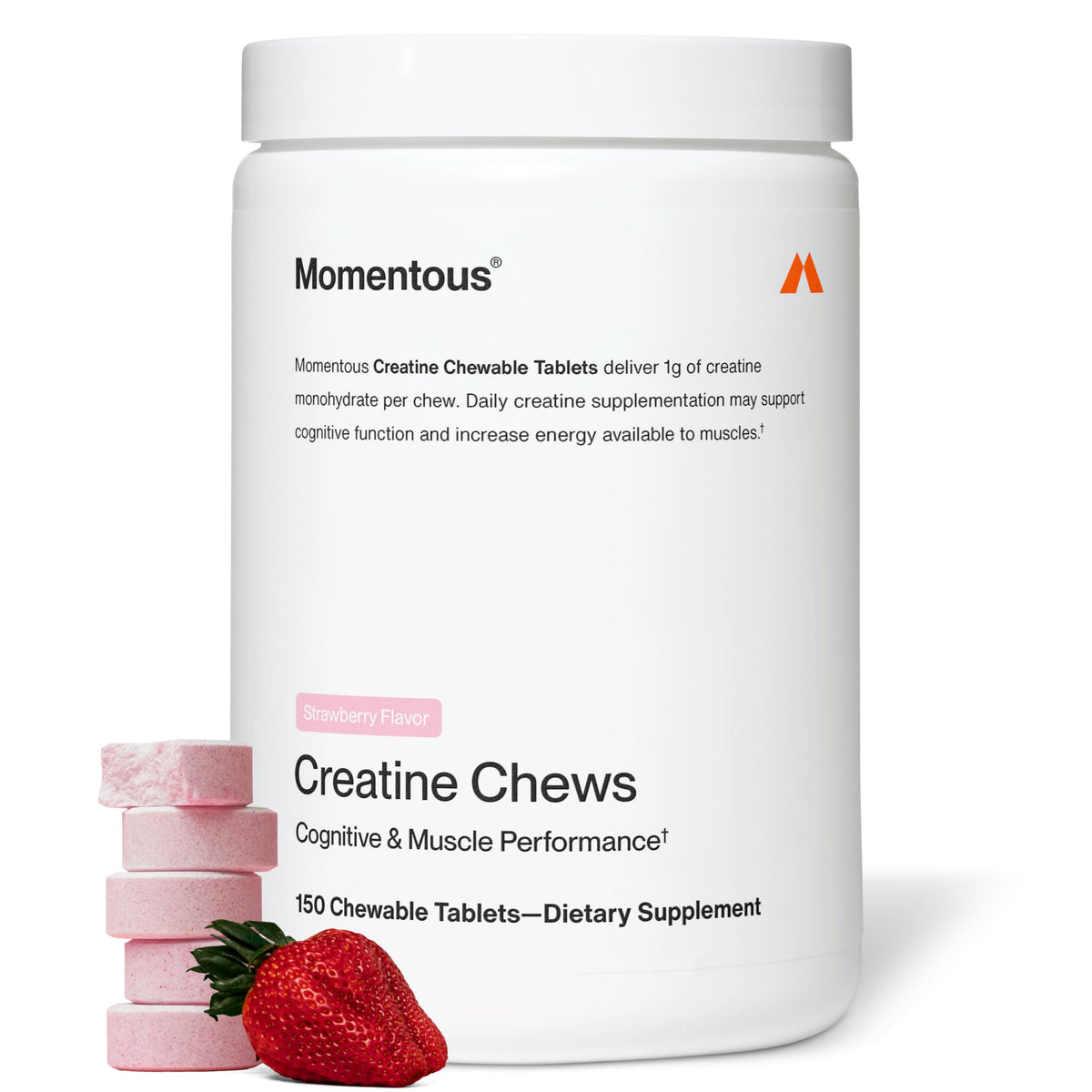Momentous creatina masticables: botella sabor fresa para rendimiento diario.