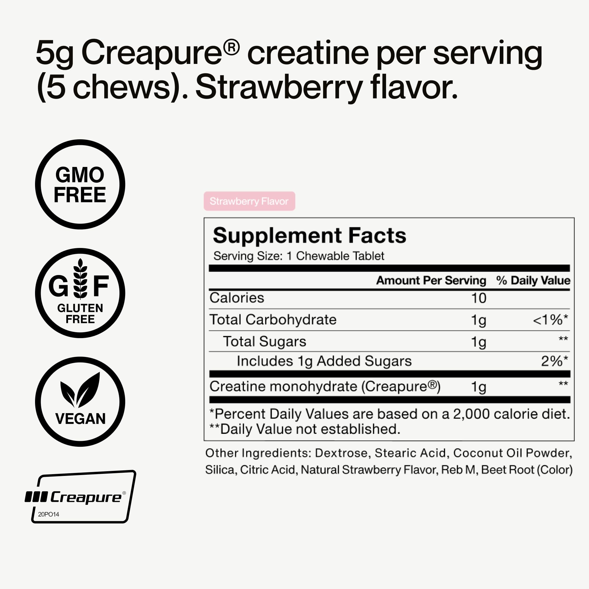 Momentous creatina masticables: certificado para deporte con sello NSF visible.