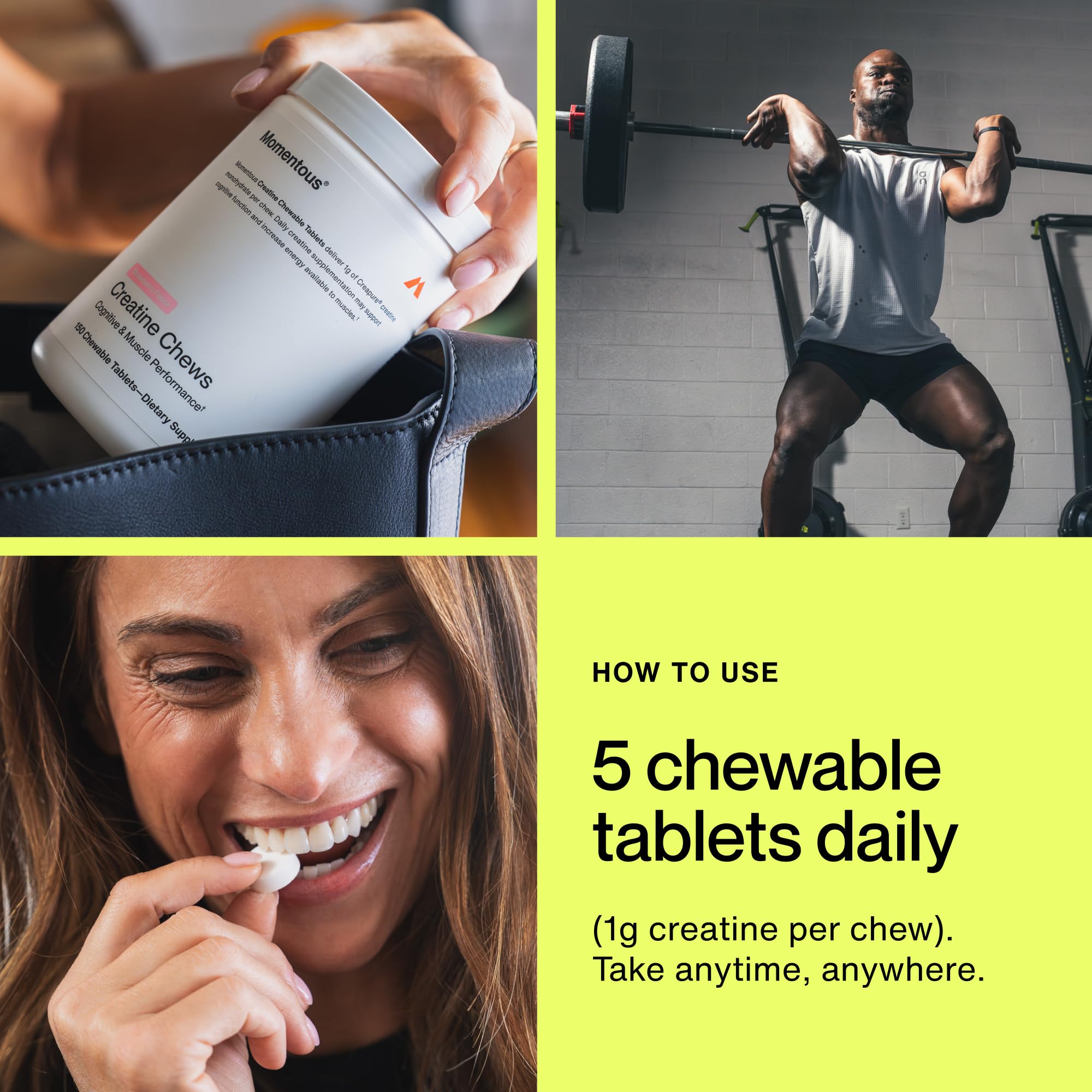 Momentous creatina masticables: embalaje resistente para llevar en entrenamiento.