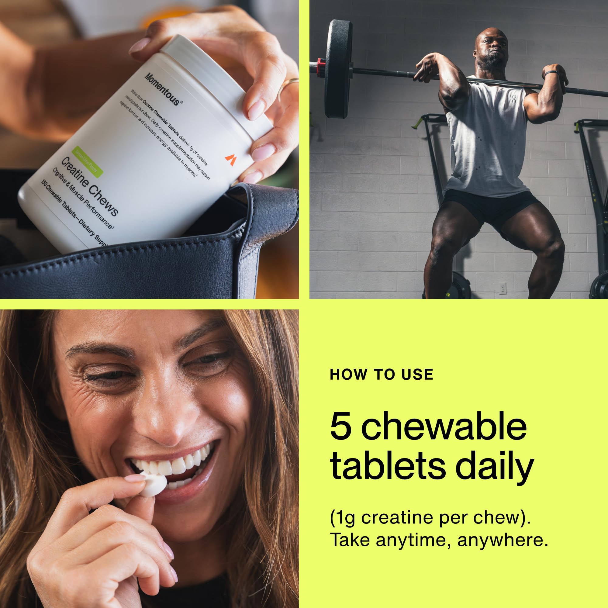 Uso de Momentous Creatine Chews post-entrenamiento, soporte para recuperación