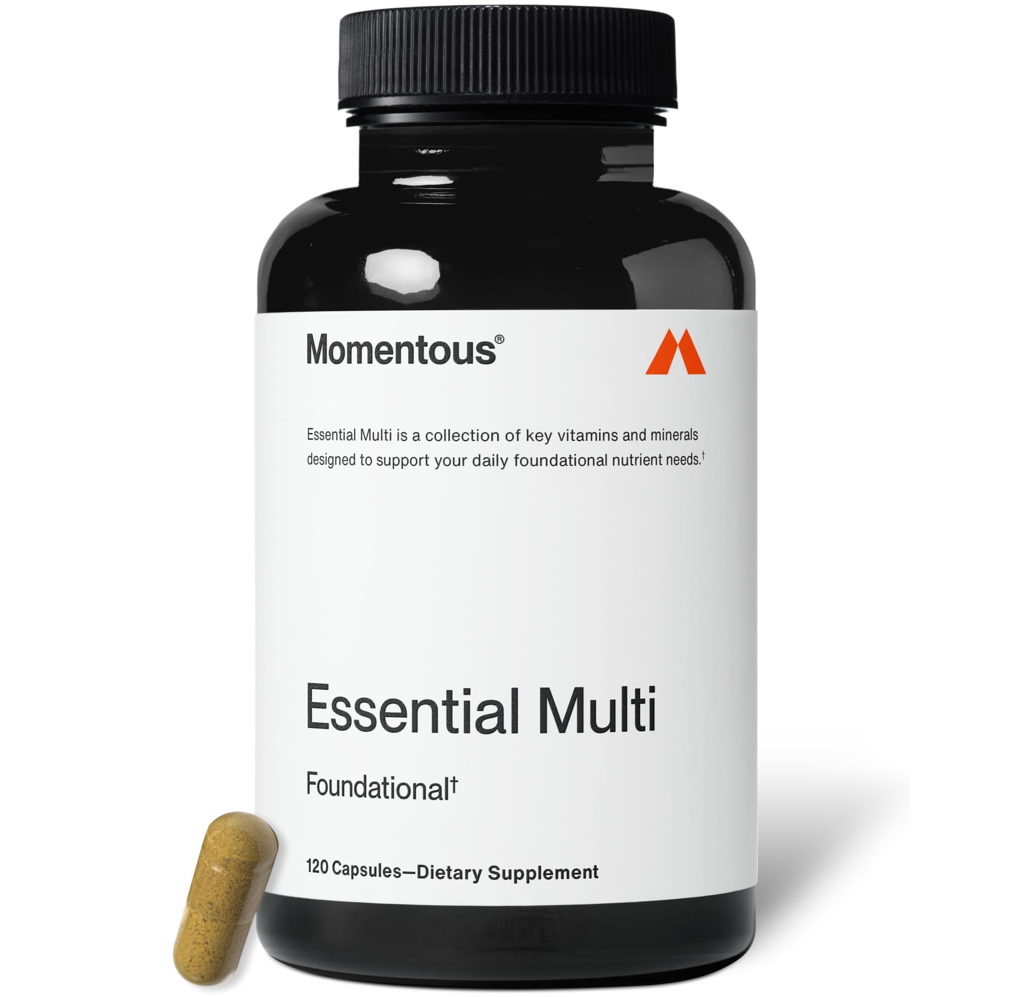 Momentous Esencial Multivitamin en botella, detalle de etiqueta para apoyo de energía y salud diaria.