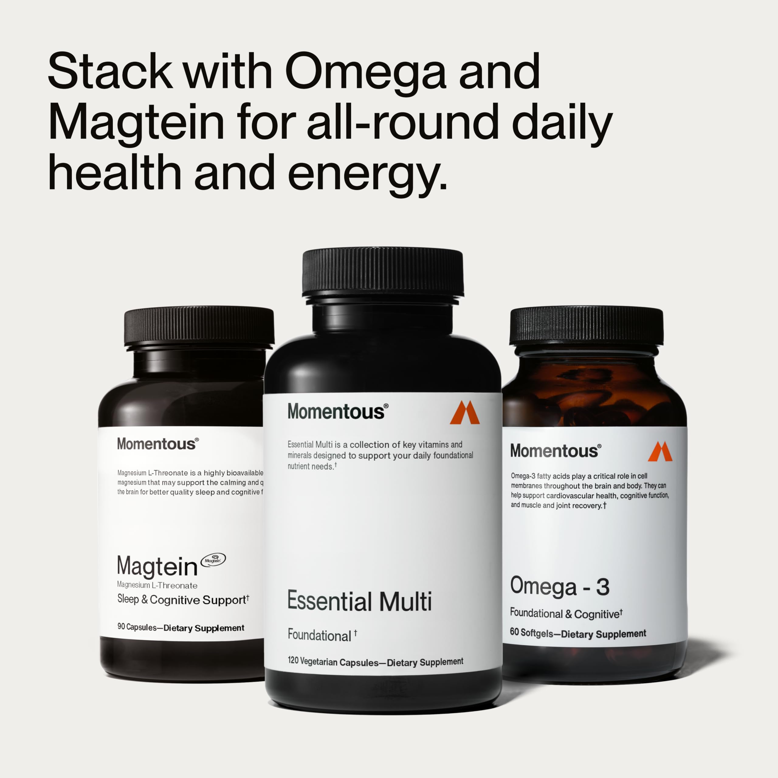 Momentous Esencial Multivitamin, adecuado para uso diario y estilos de vida activos.