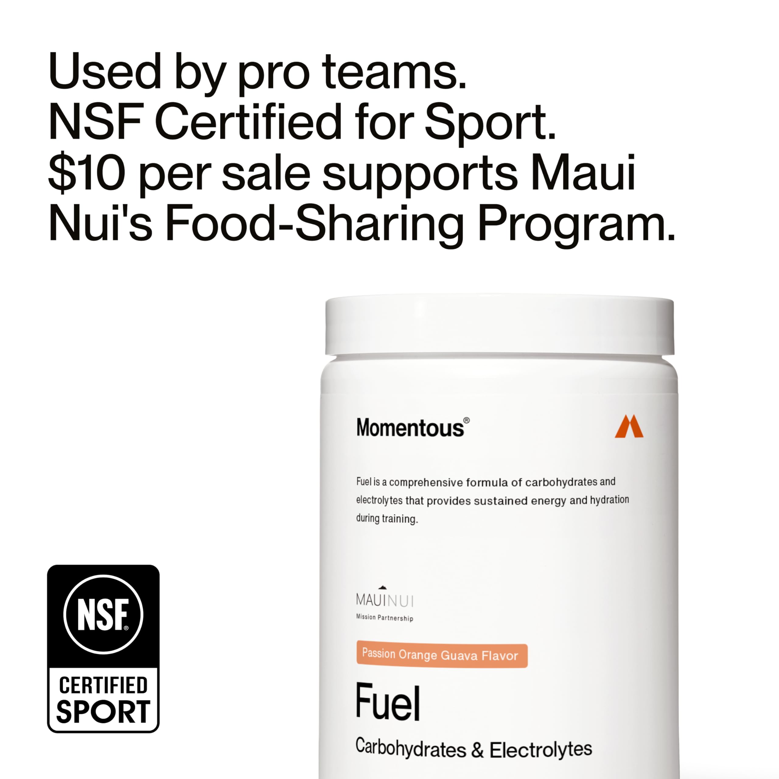 Momentous Fuel certificado NSF para deporte, seguridad y pureza.