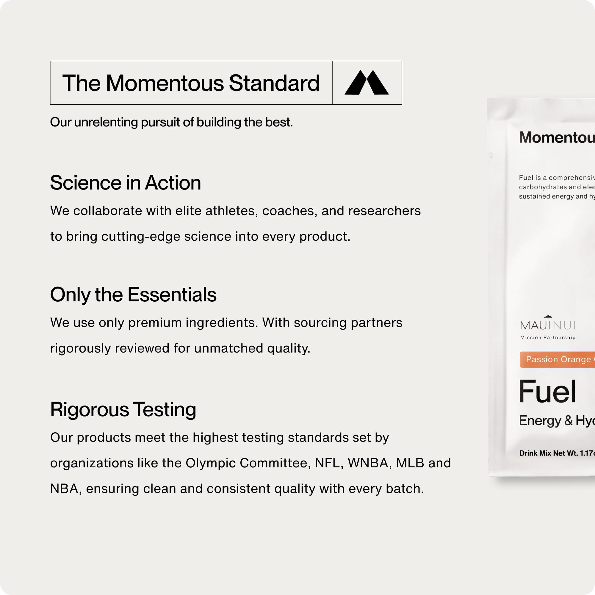 Momentous Fuel: certificado NSF para deporte, libre de OGM y gluten.