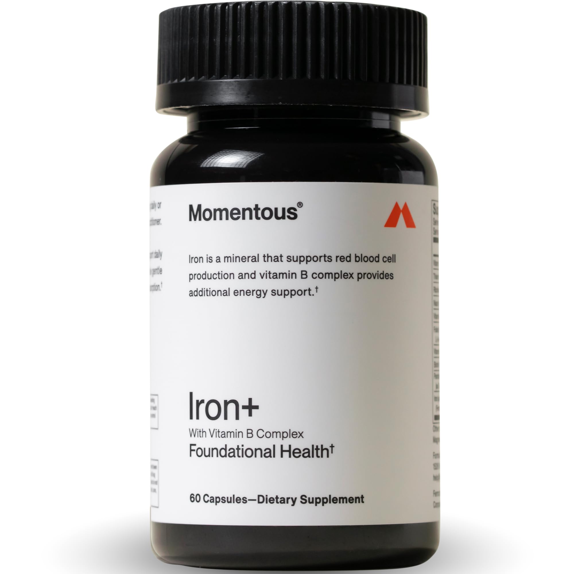 Momentous Iron+ en botella frontal para energía diaria y rendimiento.
