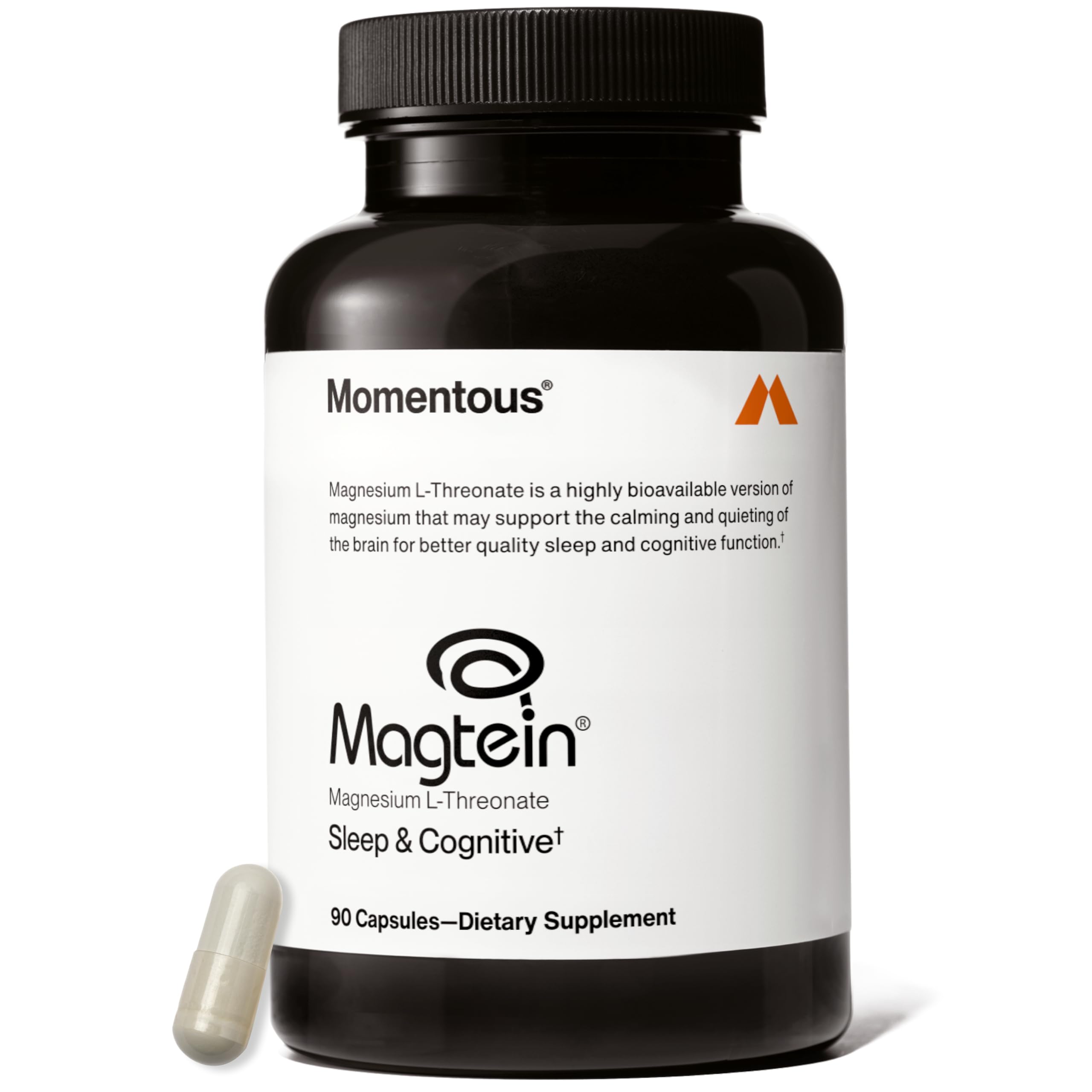 Momentous Magtein: bote de cápsulas visible, ideal para apoyar claridad mental diaria.