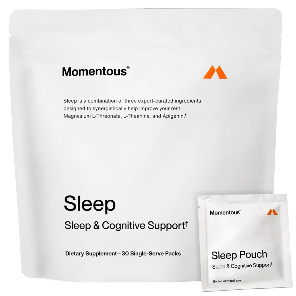 Momentous Nightly Sleep Pack bottle close-up highlighting calm sleep support.