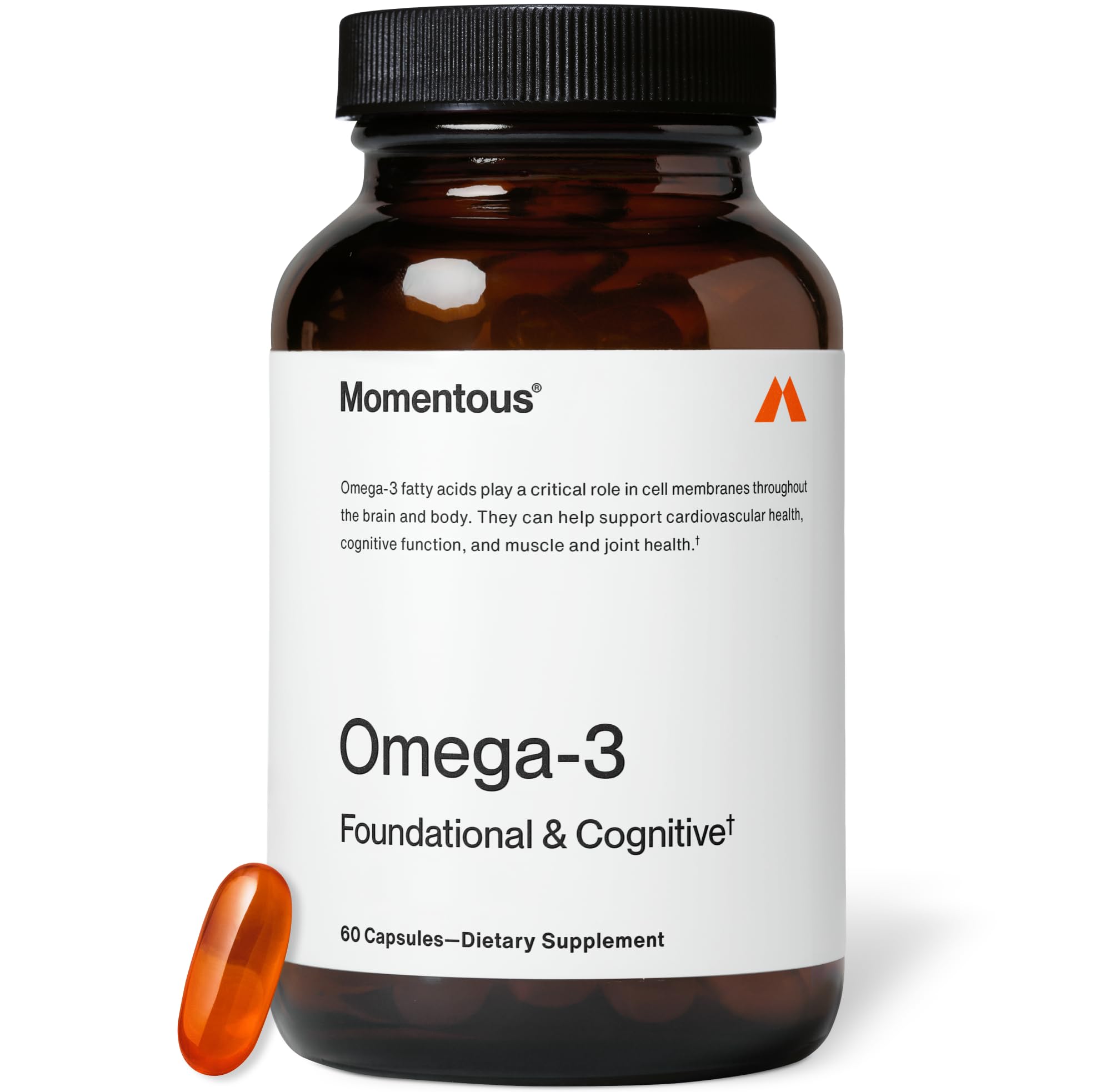 Momentous Omega-3: cápsulas en botella, apoyo para la salud general y bienestar.