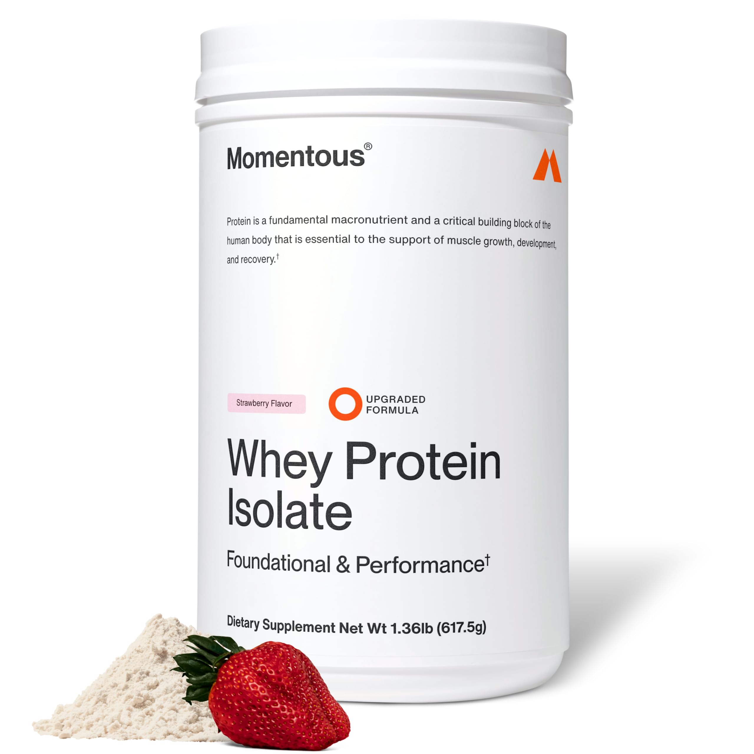 Momentous Proteína Whey aislado fresa en envase, ideal para batidos rápidos y recuperación.