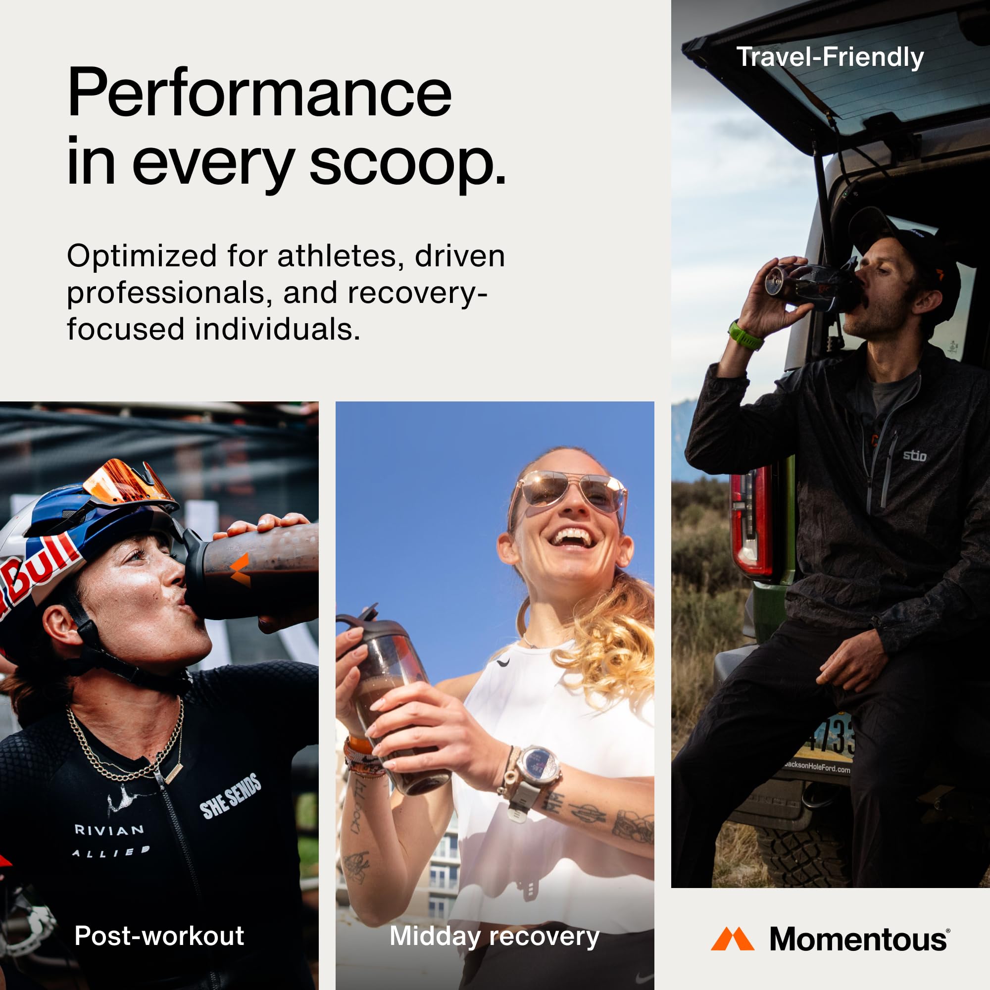 Momentous Whey aislado fresa para entrenamientos, conveniente después del ejercicio.