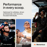Momentous Whey aislado fresa para entrenamientos, conveniente después del ejercicio.