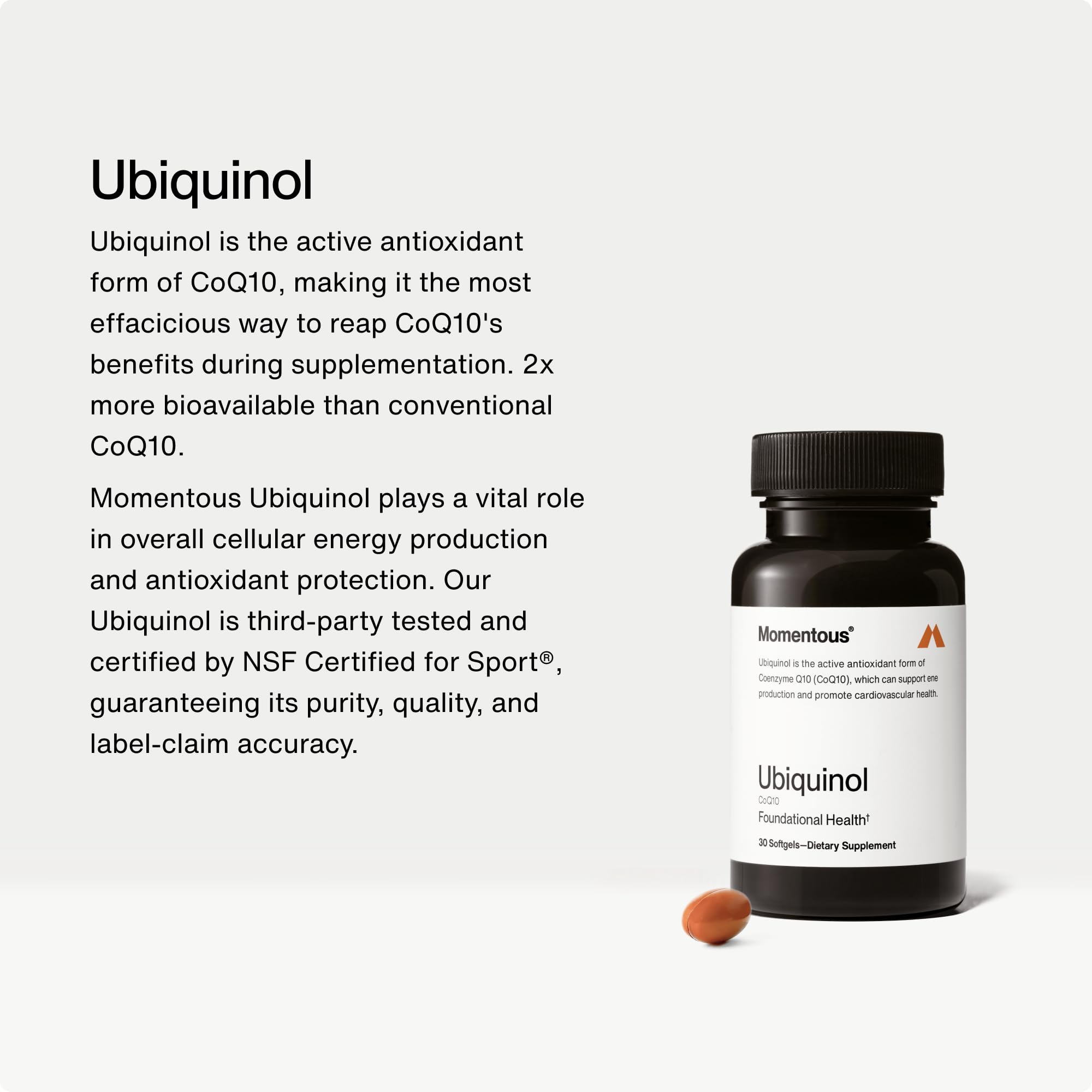 Momentous Ubiquinol botella con cápsulas, toma diaria fácil y rápida.