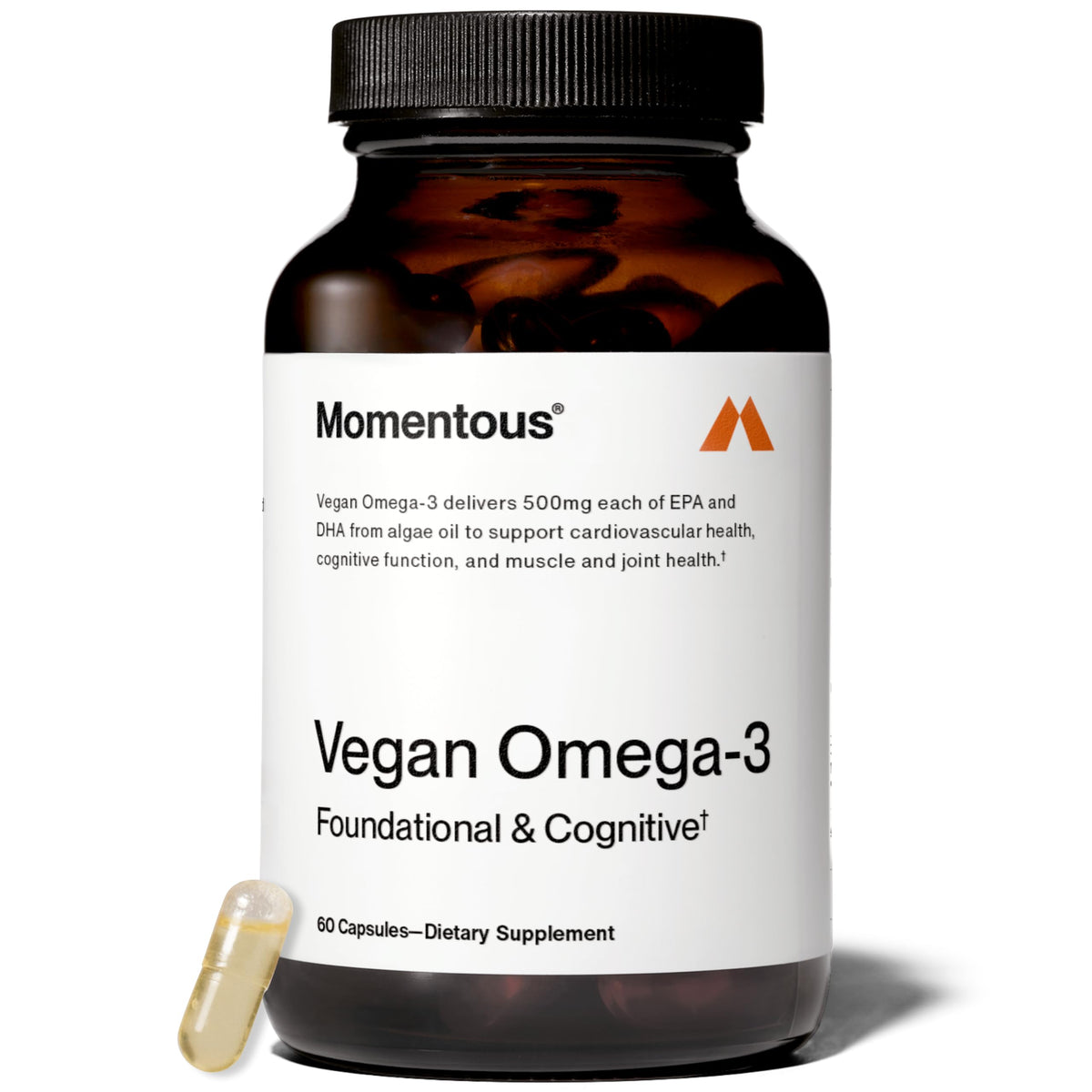 Momentous Vegan Omega-3 envase vidrio: fuente vegana de EPA y DHA para salud cardiovascular.
