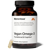 Momentous Vegan Omega-3 envase vidrio: fuente vegana de EPA y DHA para salud cardiovascular.