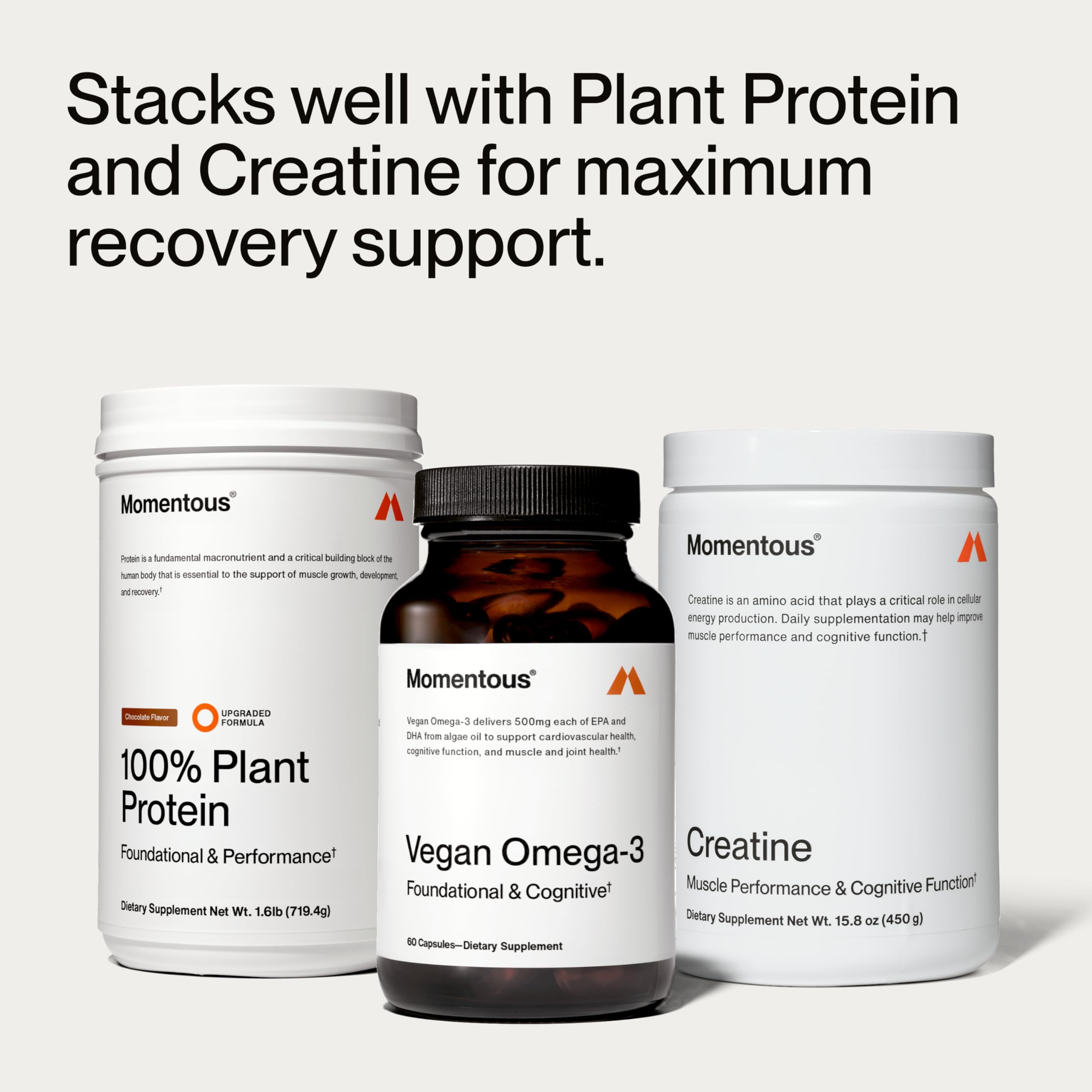 Momentous Vegan Omega-3 frente-del-frasco: destaca la etiqueta NSF para deporte.