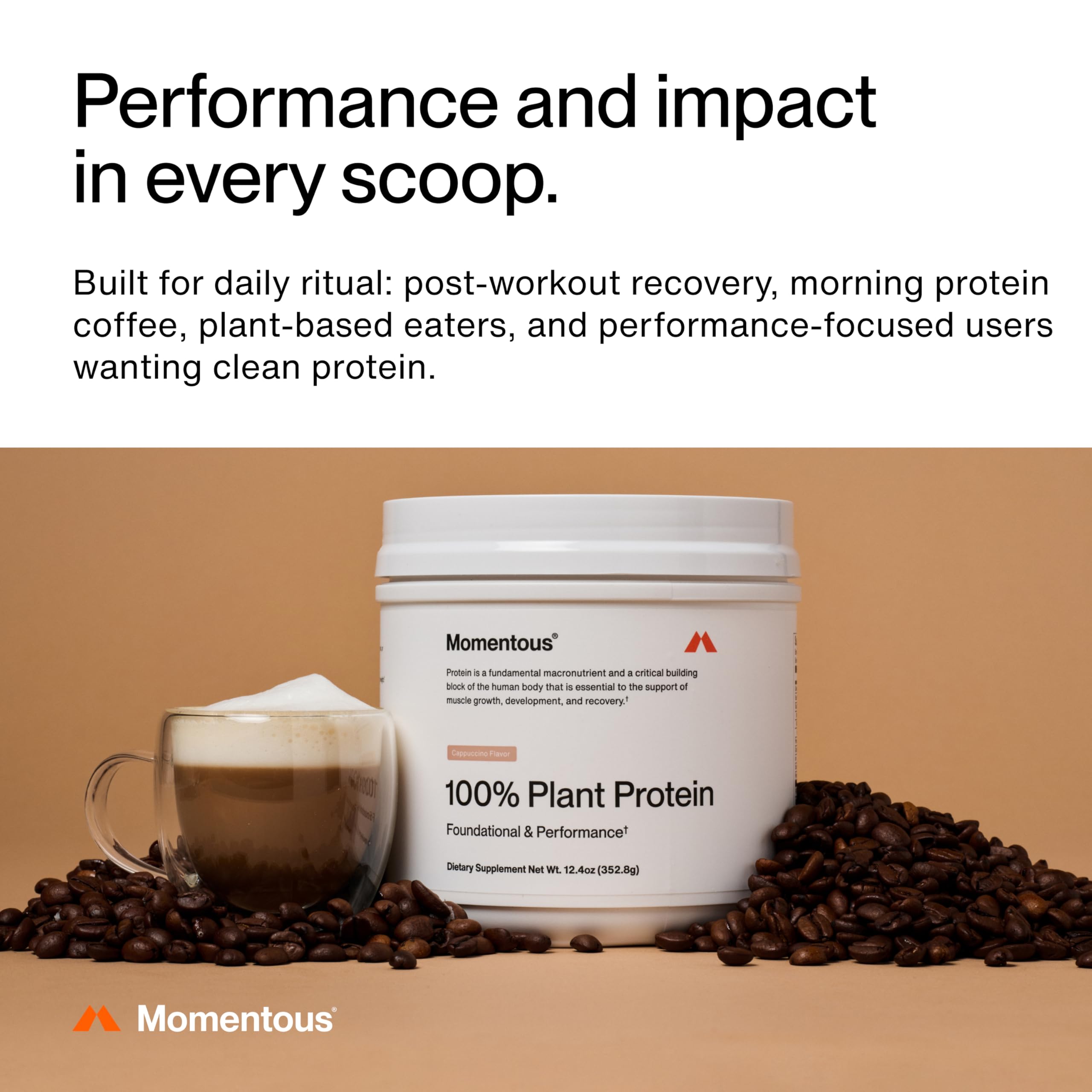 Momentous Vegan Protein Cappuccino con leche de almendra, sabor delicioso y libre de lactosa.