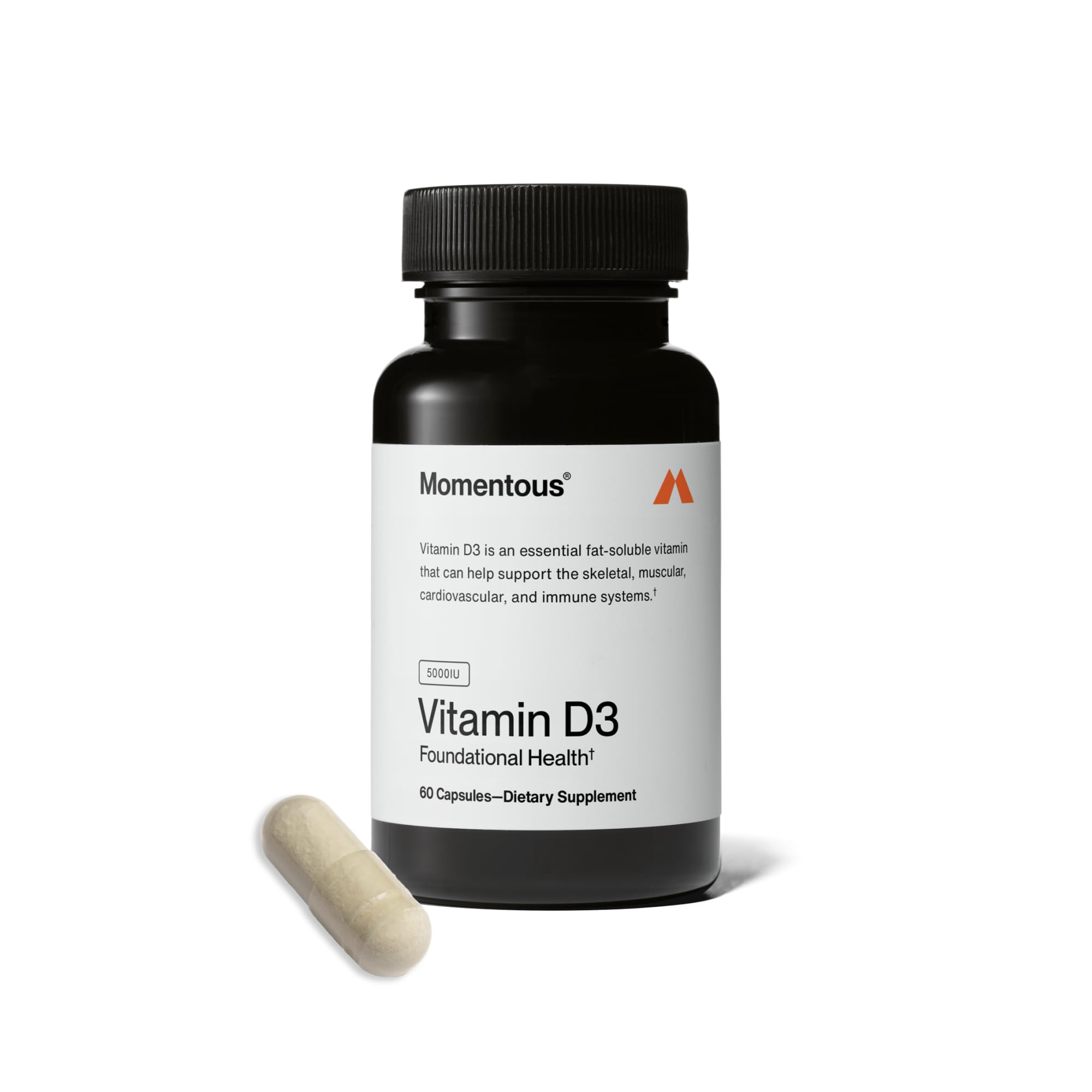 Momentous Vitamina D3: botella, soporte para huesos y dientes.
