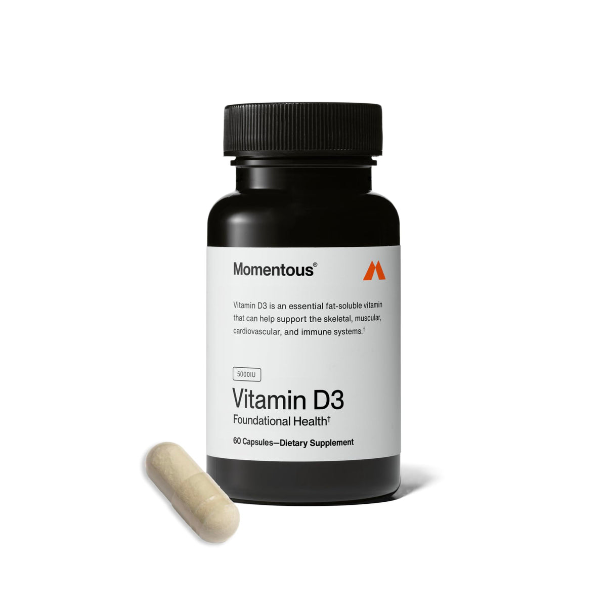 Momentous Vitamina D3: botella, soporte para huesos y dientes.