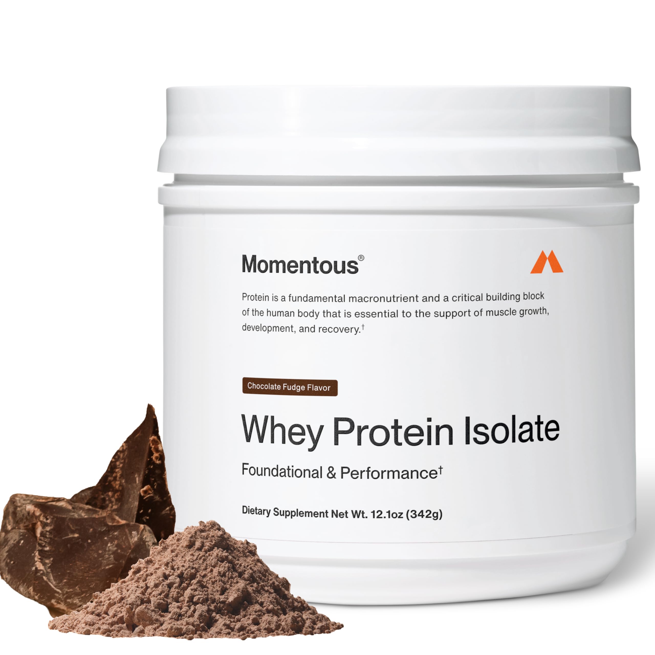 Momentous Proteína de Suero Chocolate Fudge en bote, ideal para recargas posentrenamiento.