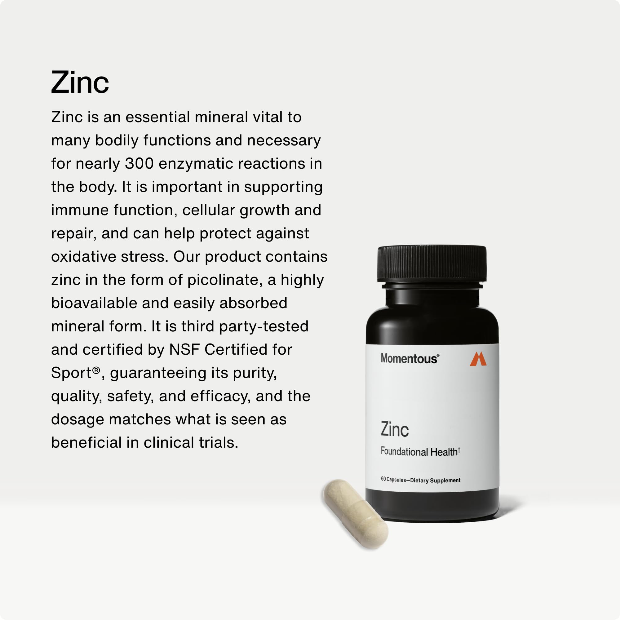 Momentous Zinc Picolinato 15 mg: etiqueta legible con guía de dosis.