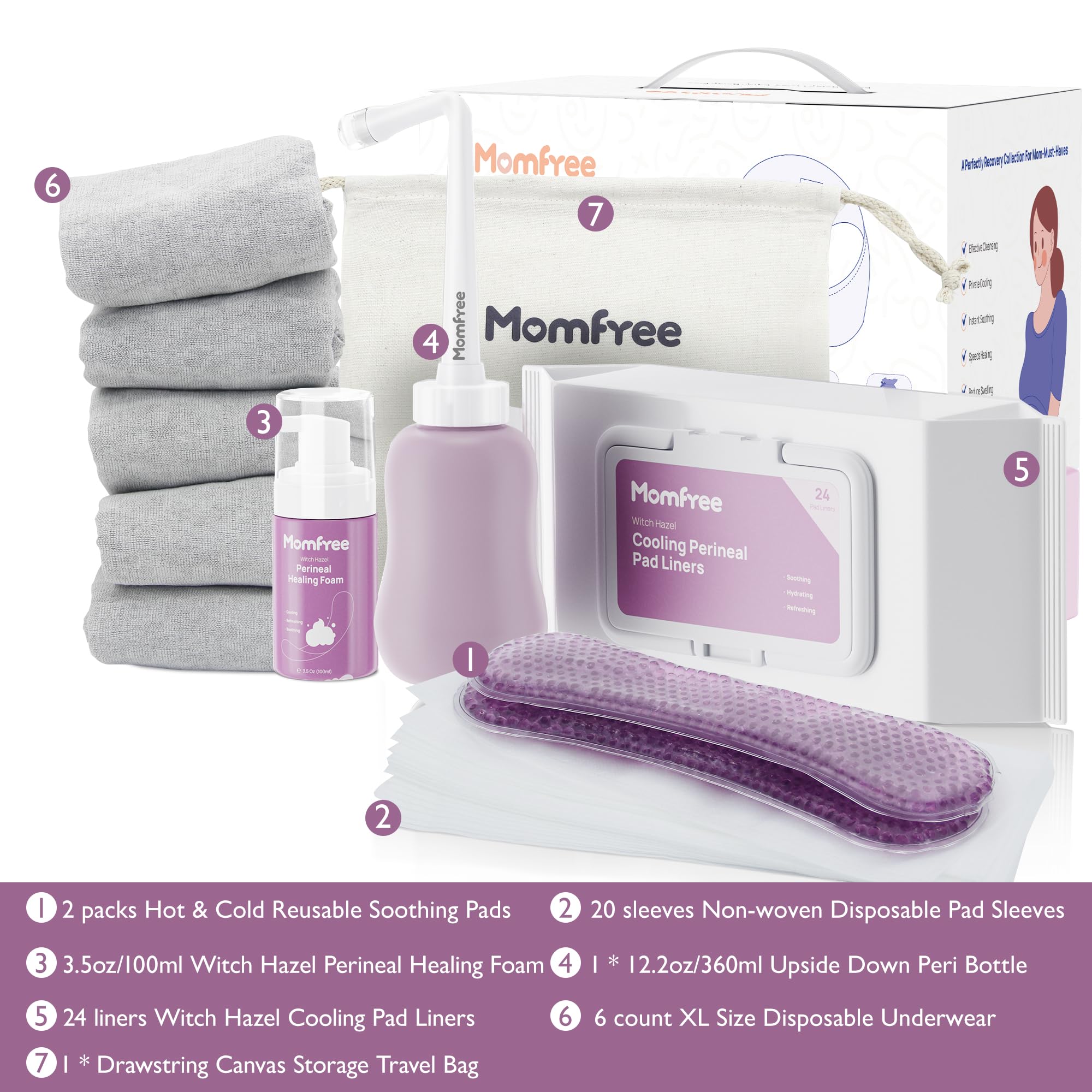 Momfree kit de recuperación posparto para organización y cuidado diario.