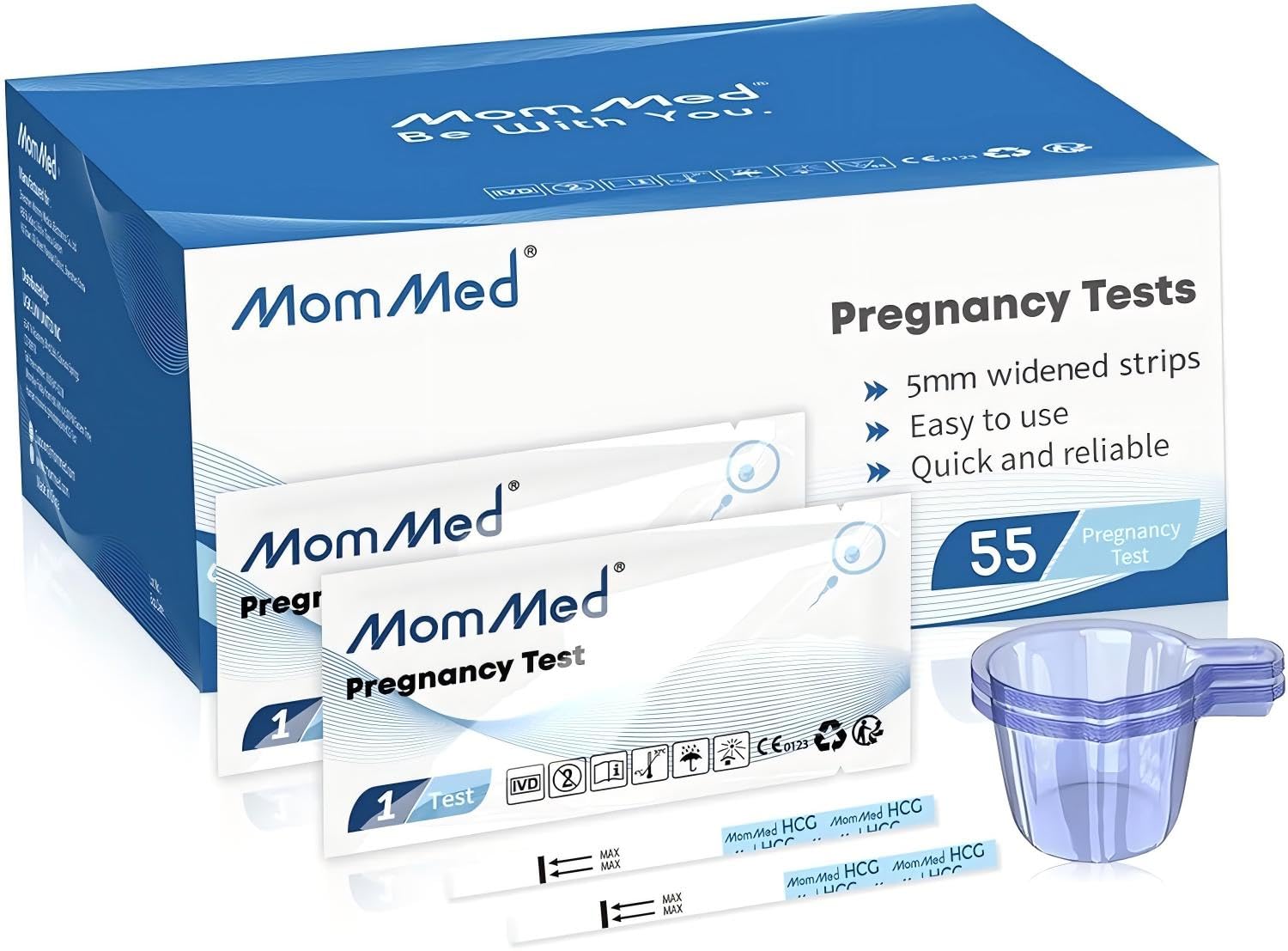 Prueba de embarazo MomMed con 55 tiras para detección temprana.