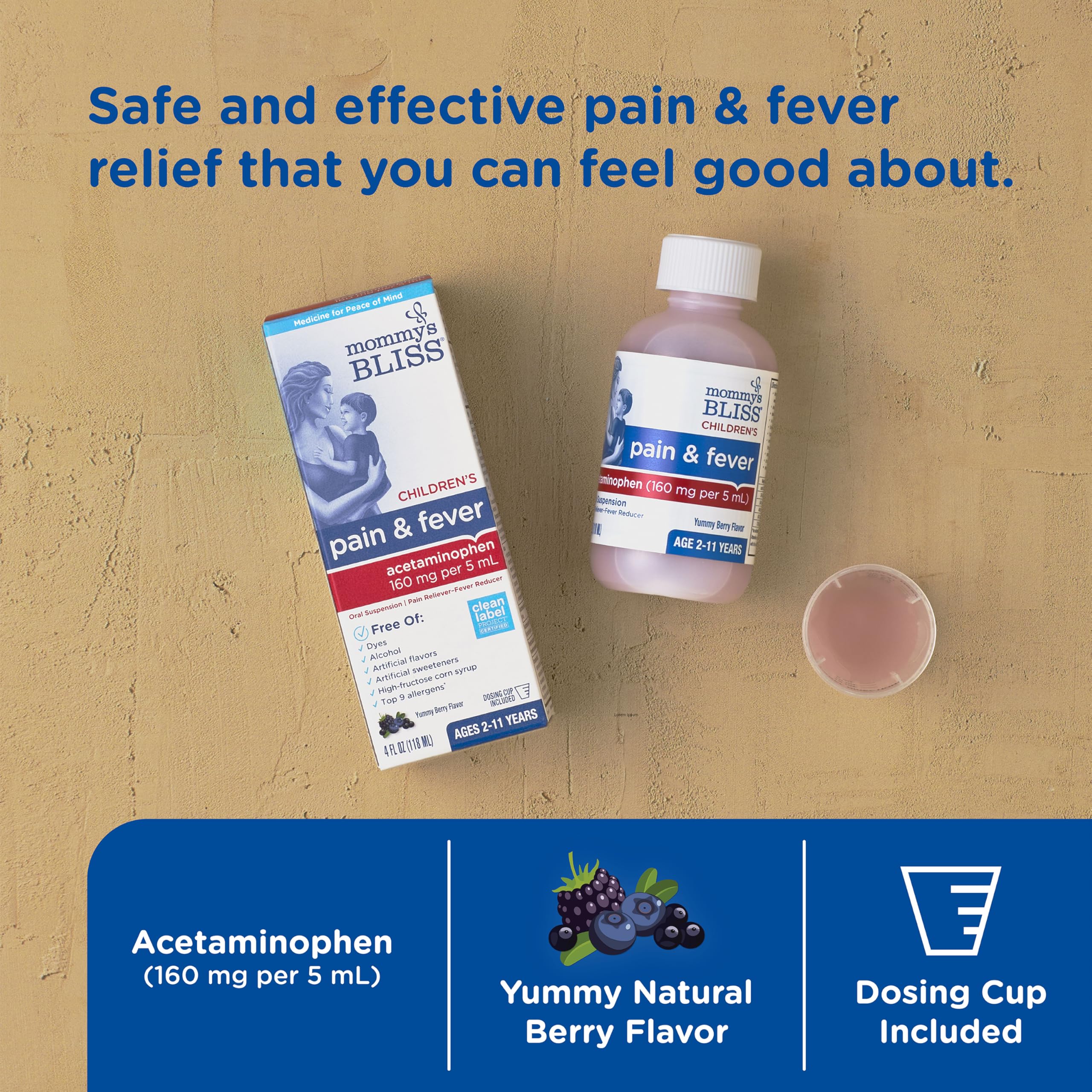 Frasco y copa de dosificación de Mommy's Bliss acetaminofén líquido infantil