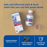 Frasco y copa de dosificación de Mommy's Bliss acetaminofén líquido infantil