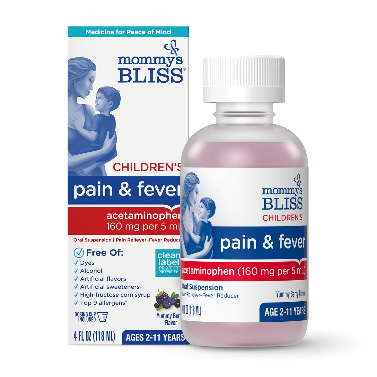 Frasco de Mommy's Bliss acetaminófén líquido infantil con dosis clara para niños