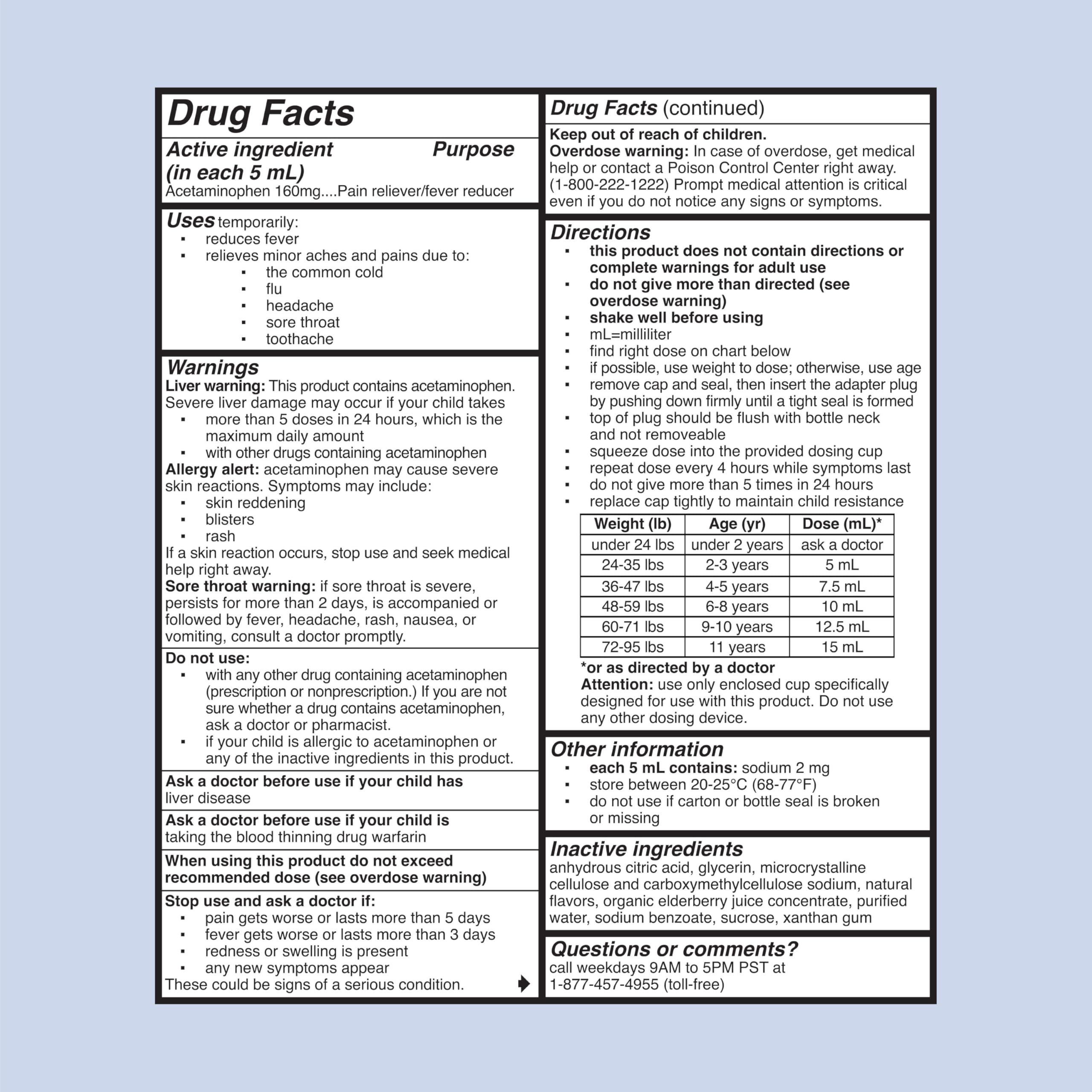 Ingredientes activos pediátricos de Mommy's Bliss acetaminófén líquido infantil