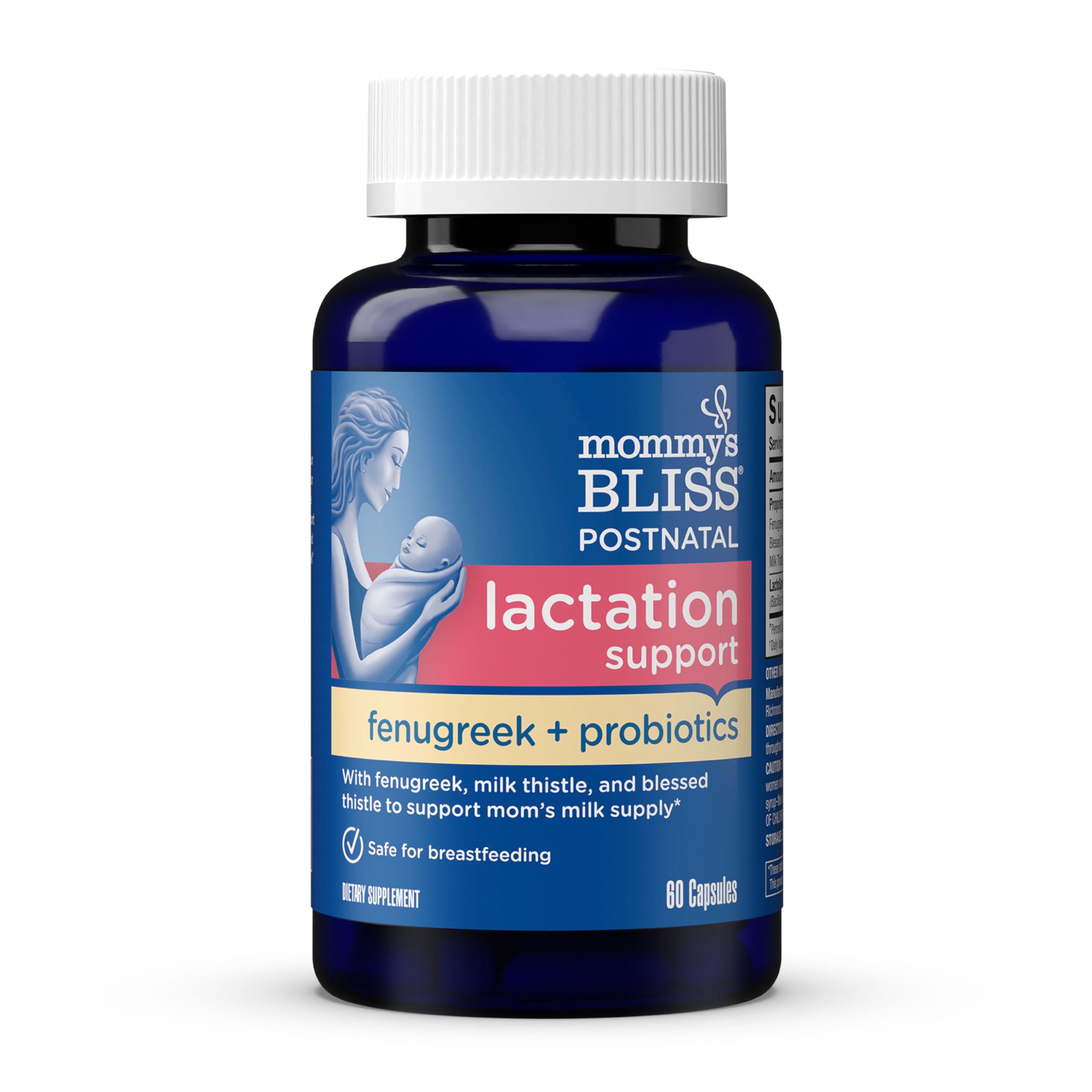 Botella de cápsulas lactancia de Mommy's Bliss para apoyar la producción de leche.