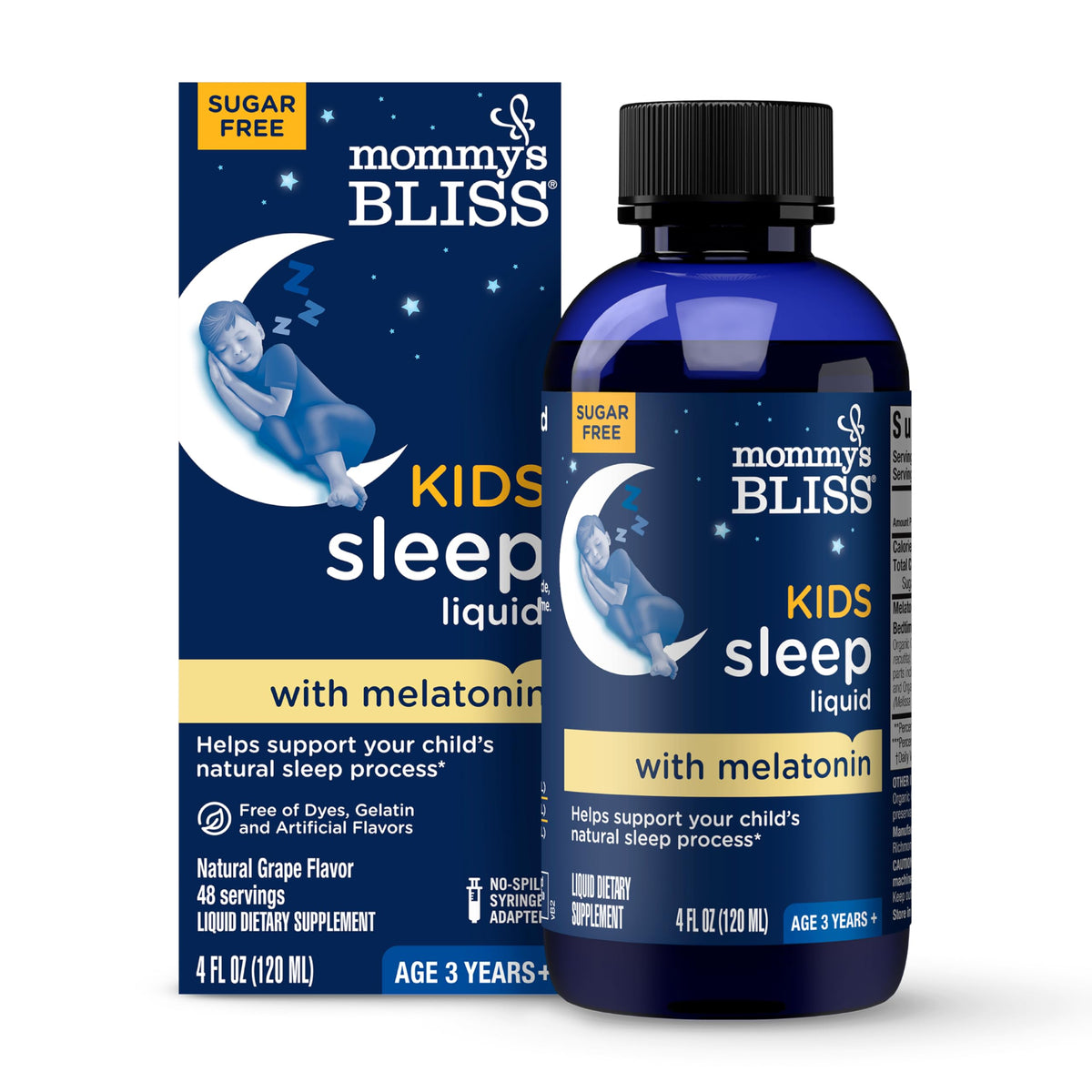 Mommy's Bliss Kids Sleep Liquid, botella, apoyo para la rutina nocturna sin azúcar.