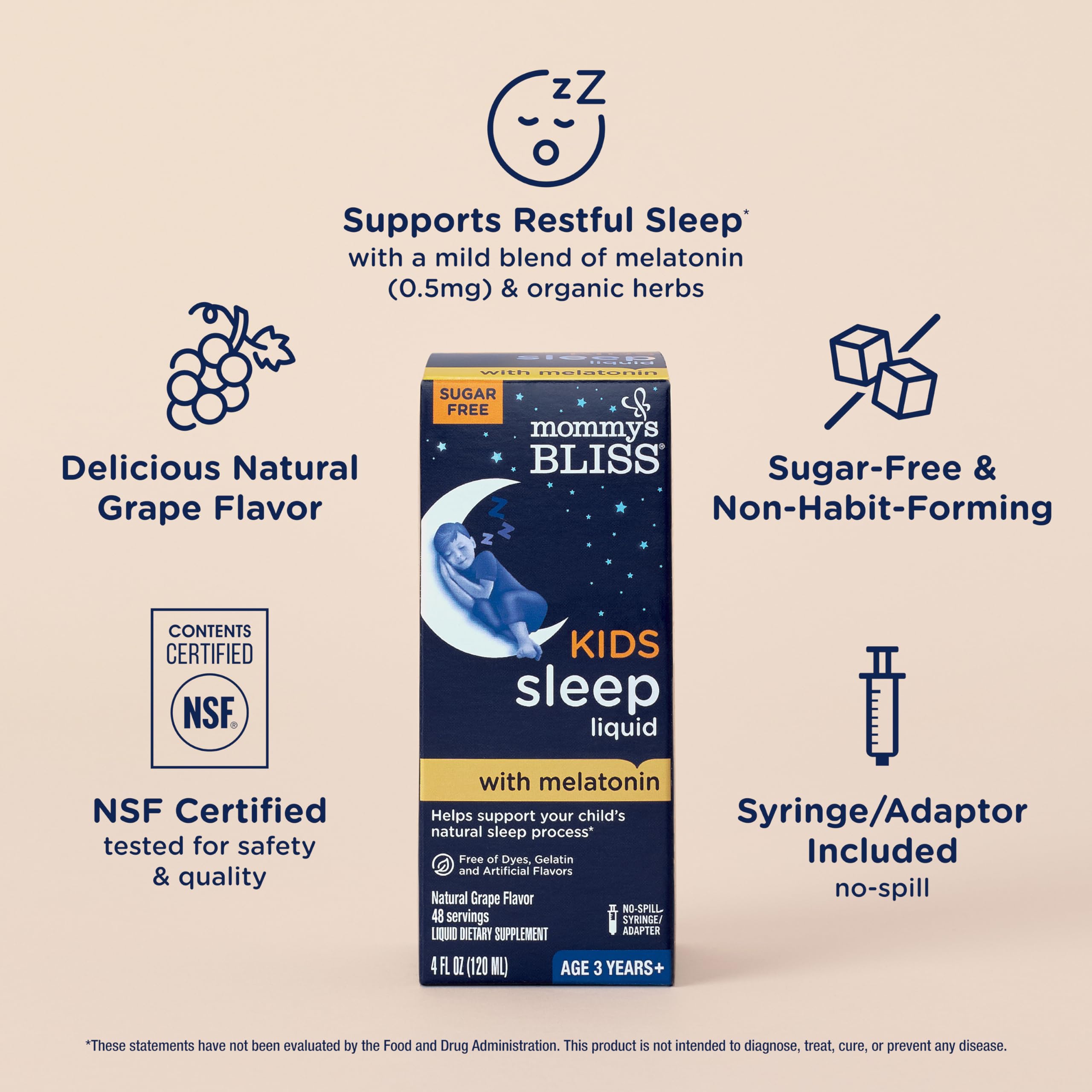 Mommy's Bliss Kids Sleep Liquid sabor uva, botella atractiva para niños de 3 años.