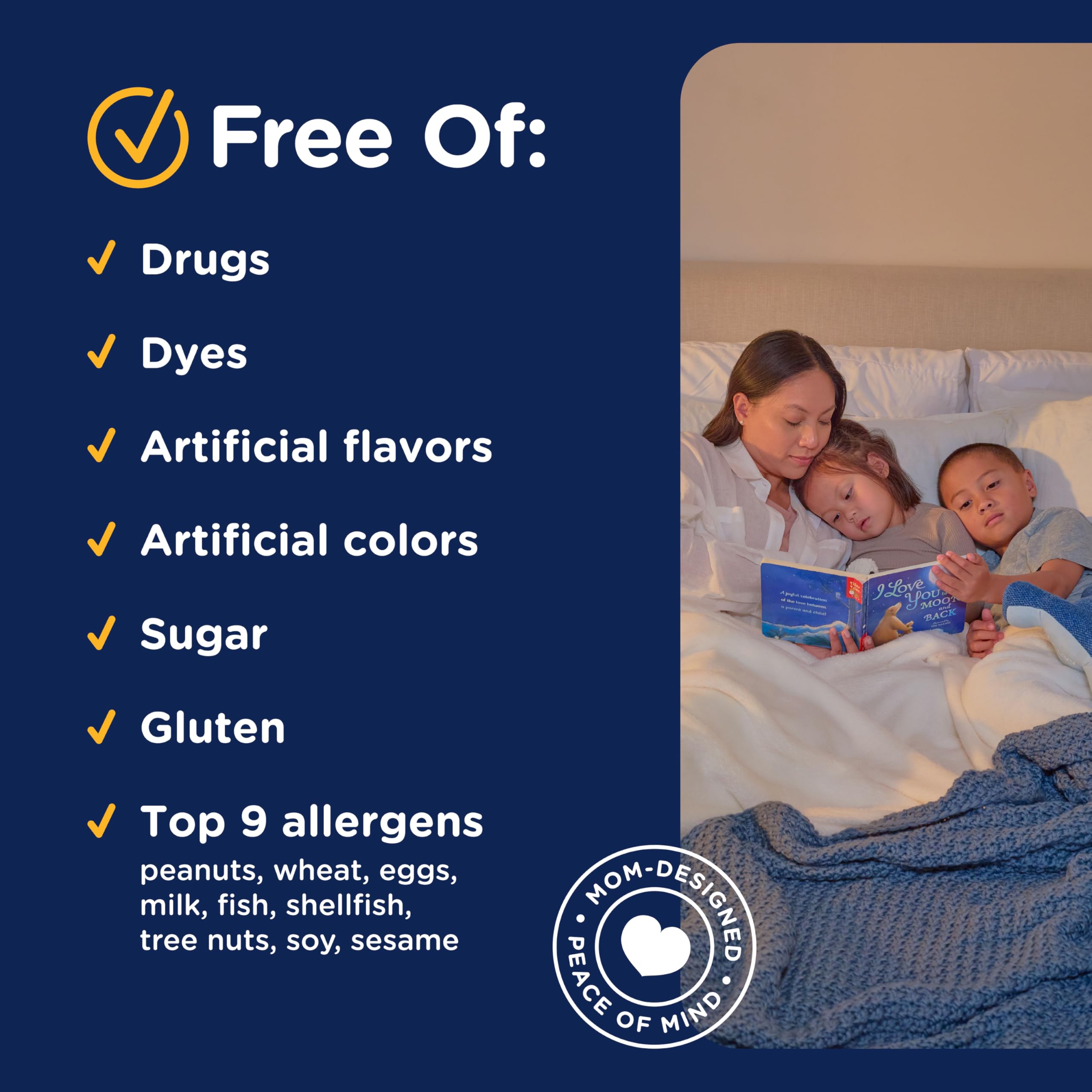 Mommy's Bliss Kids Sleep Liquid vista lateral, empaque compacto para la mesa de noche.