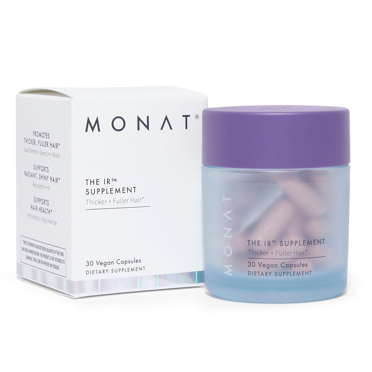 MONAT IR Suplemento Capilar, frasco frontal para cabello más saludable y con brillo.