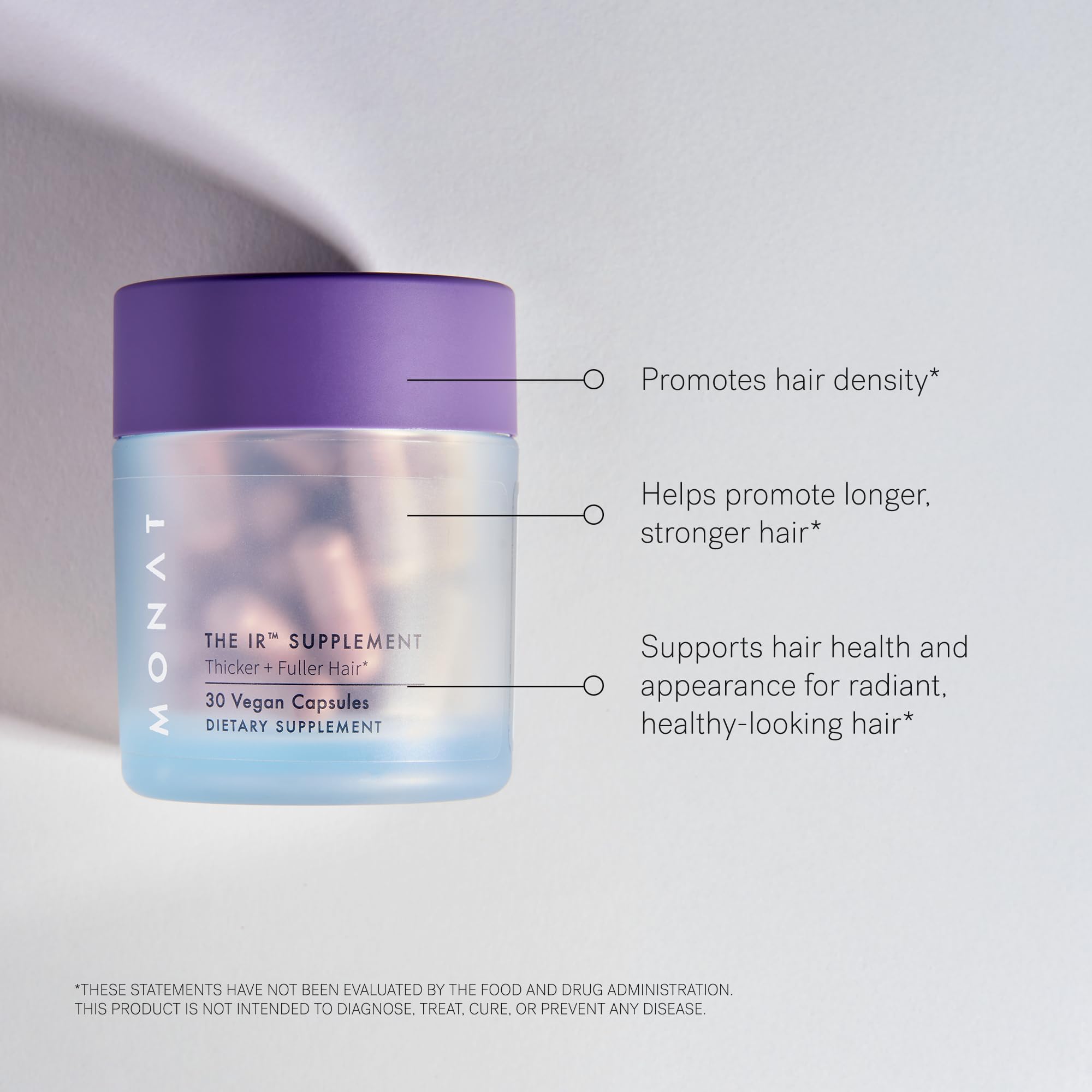 MONAT IR Suplemento Capilar, etiqueta con ingredientes clave, biotina y niacinamida para salud capilar.