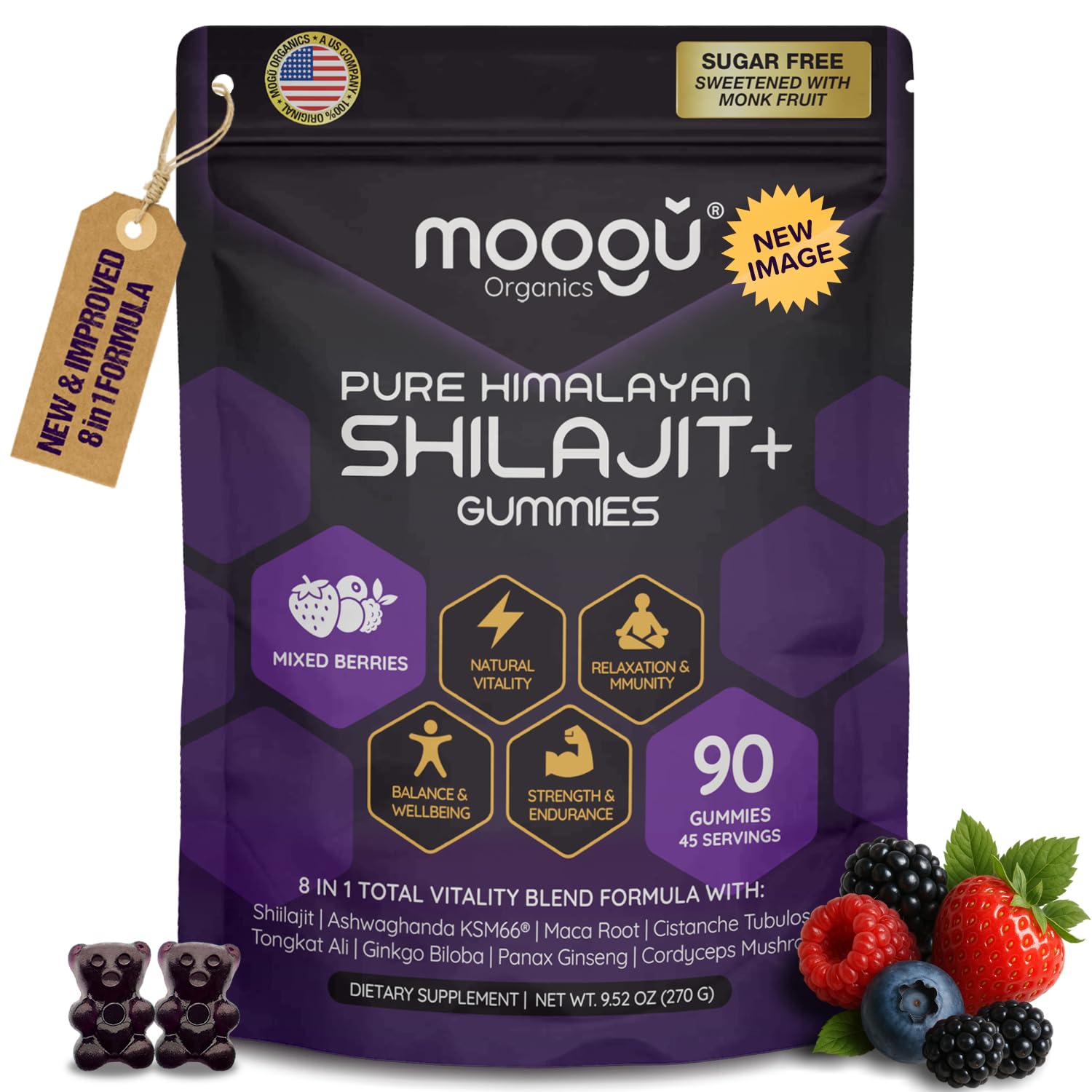 Moogu Organics gomitas Shilajit, bote: apoyo diario a la vitalidad sostenida.