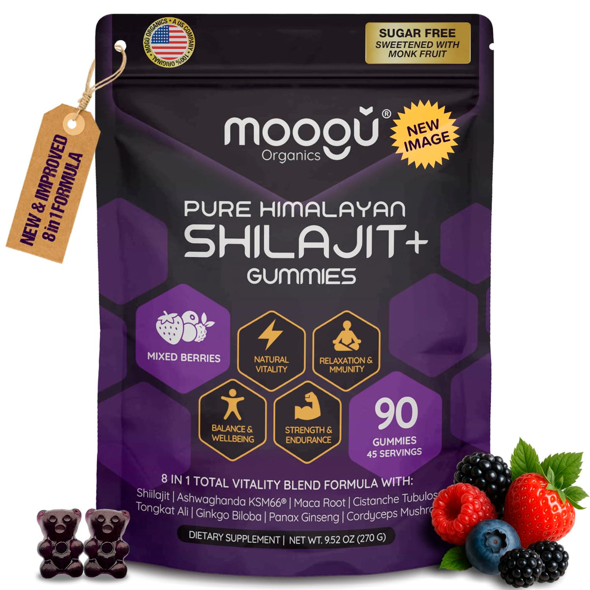 Moogu Organics gomitas Shilajit, bote: apoyo diario a la vitalidad sostenida.