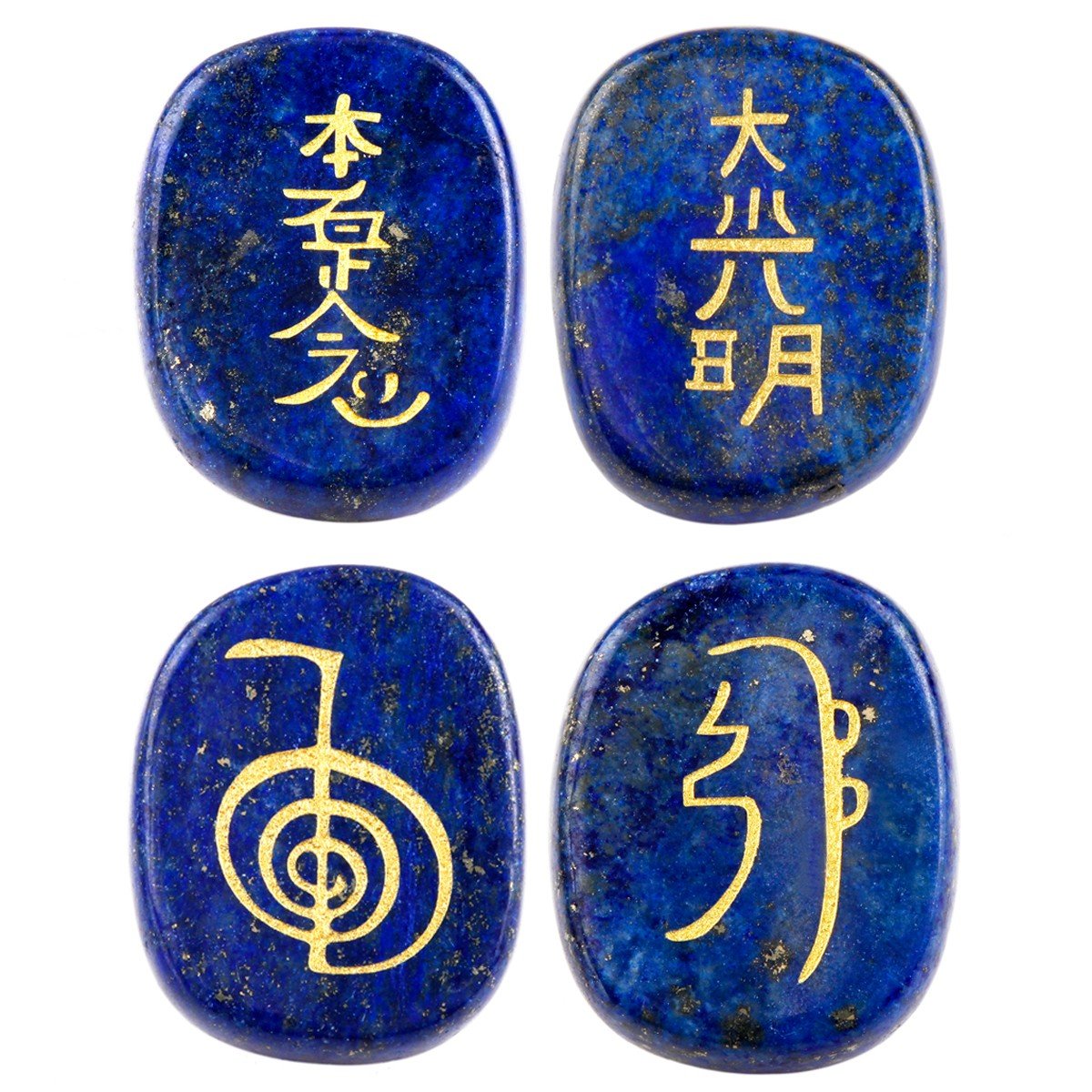 Piedras lapislázuli de Mookaitedecor con grabado de chakras para uso en Reiki.